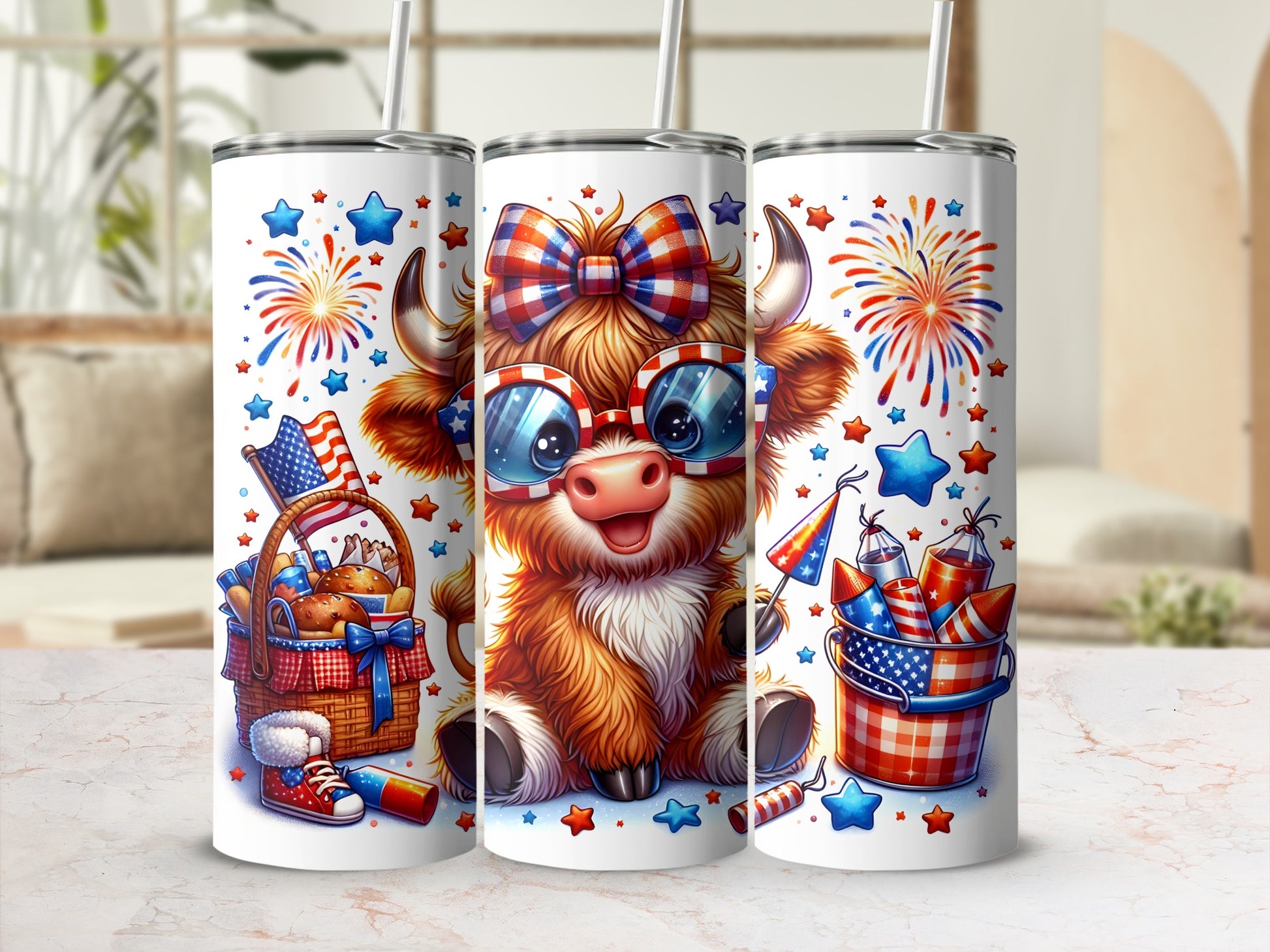 Tumbling cow with patriotic glasses and fireworks, holding a picnic basket.