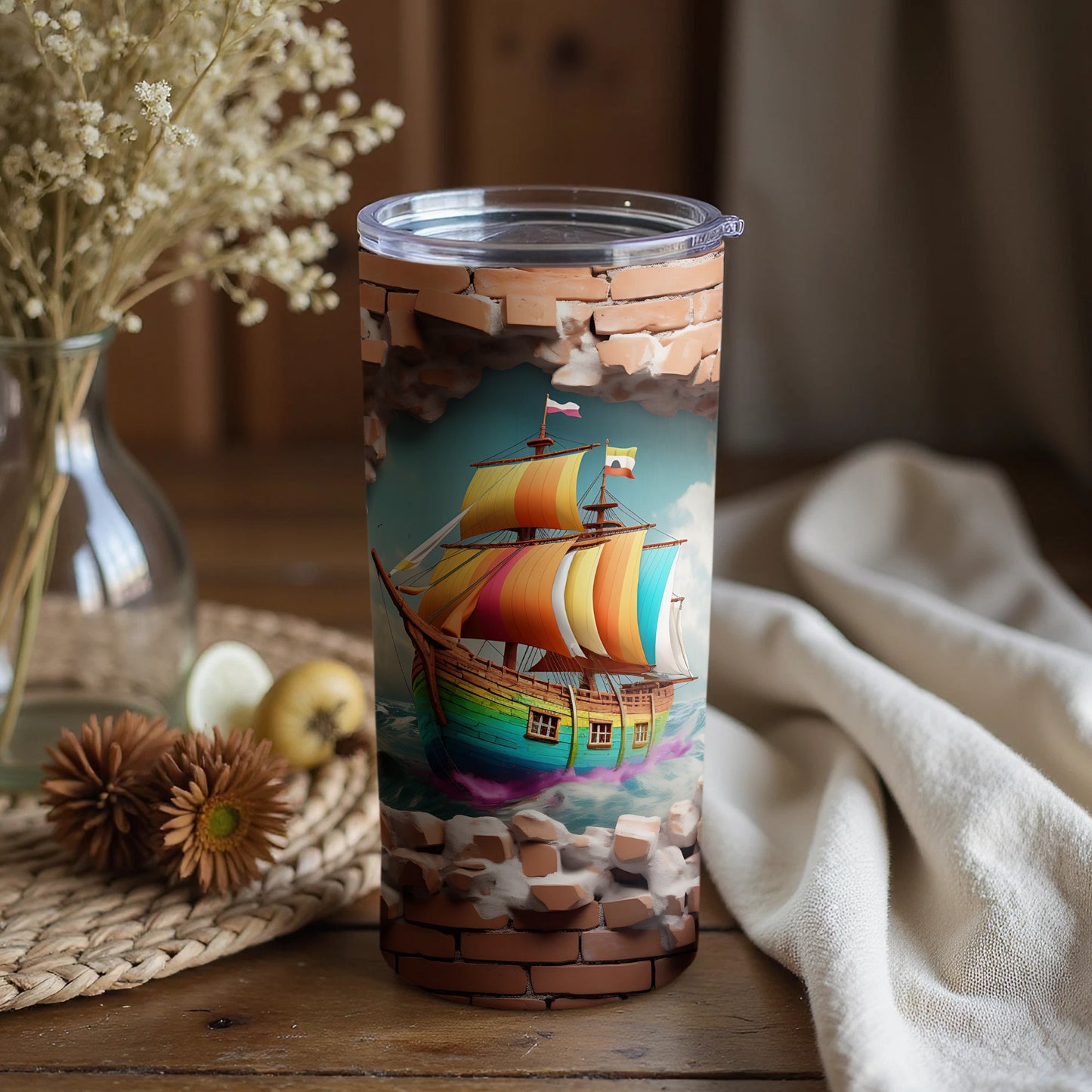 Vibrant Tall Ship Breaking Through Wall Design Tumbler
