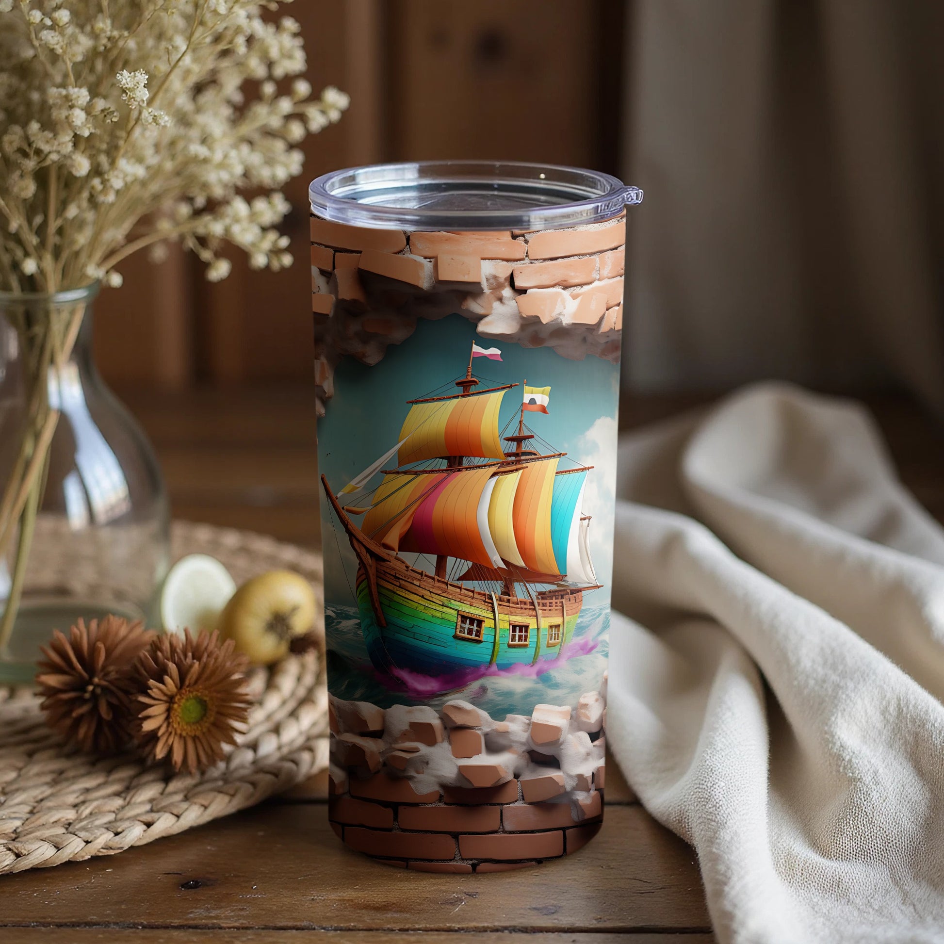 Vibrant Tall Ship Breaking Through Wall Design Tumbler