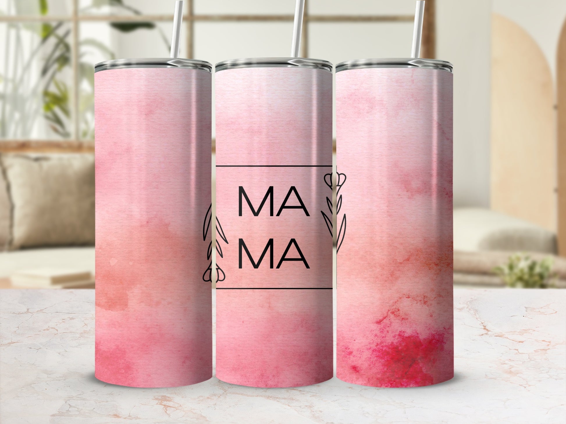 Pink watercolor Mama tumbler with straw and floral accents.