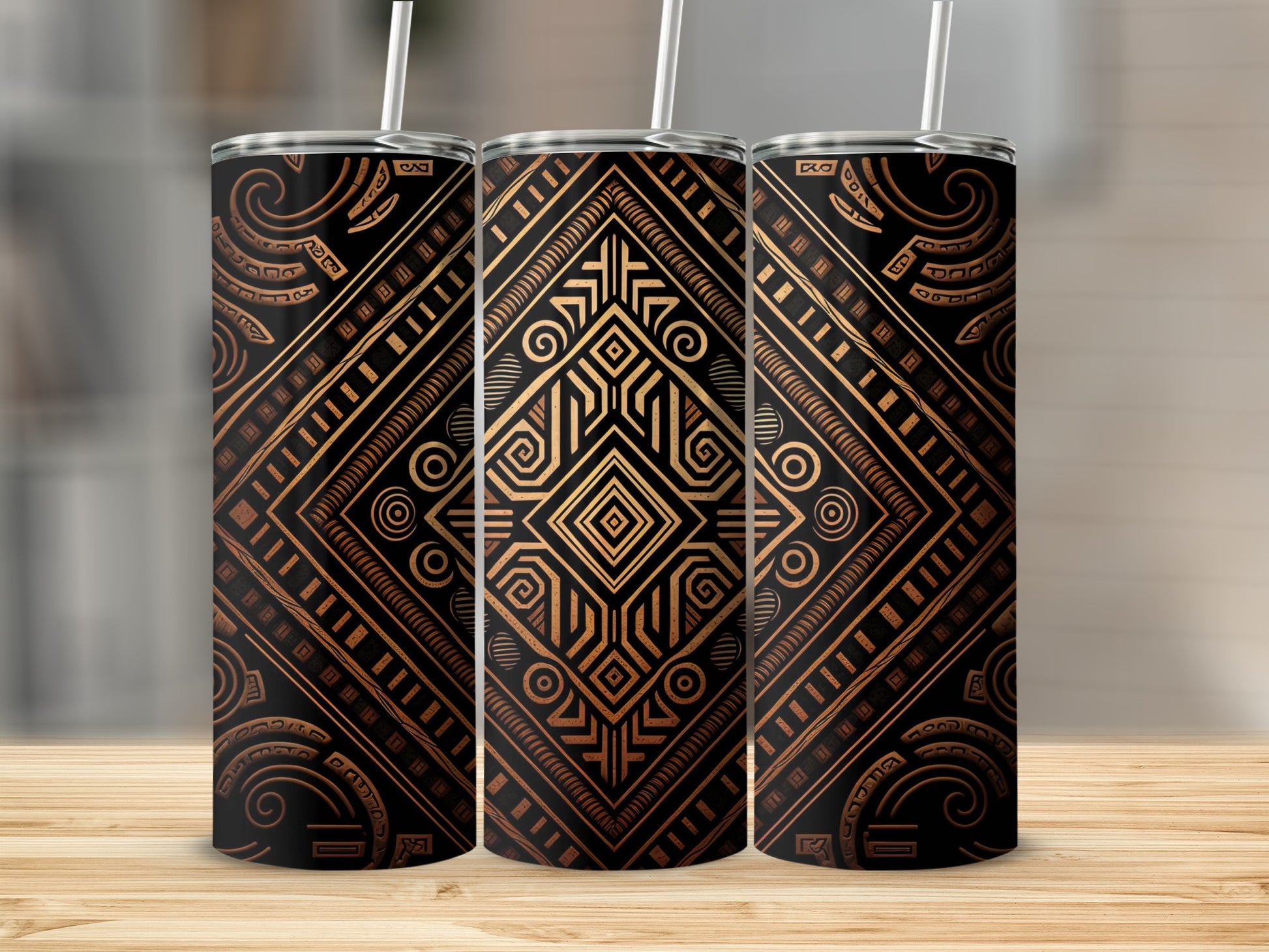Geometric Tribal Design Tumbler with Straw Tumbler