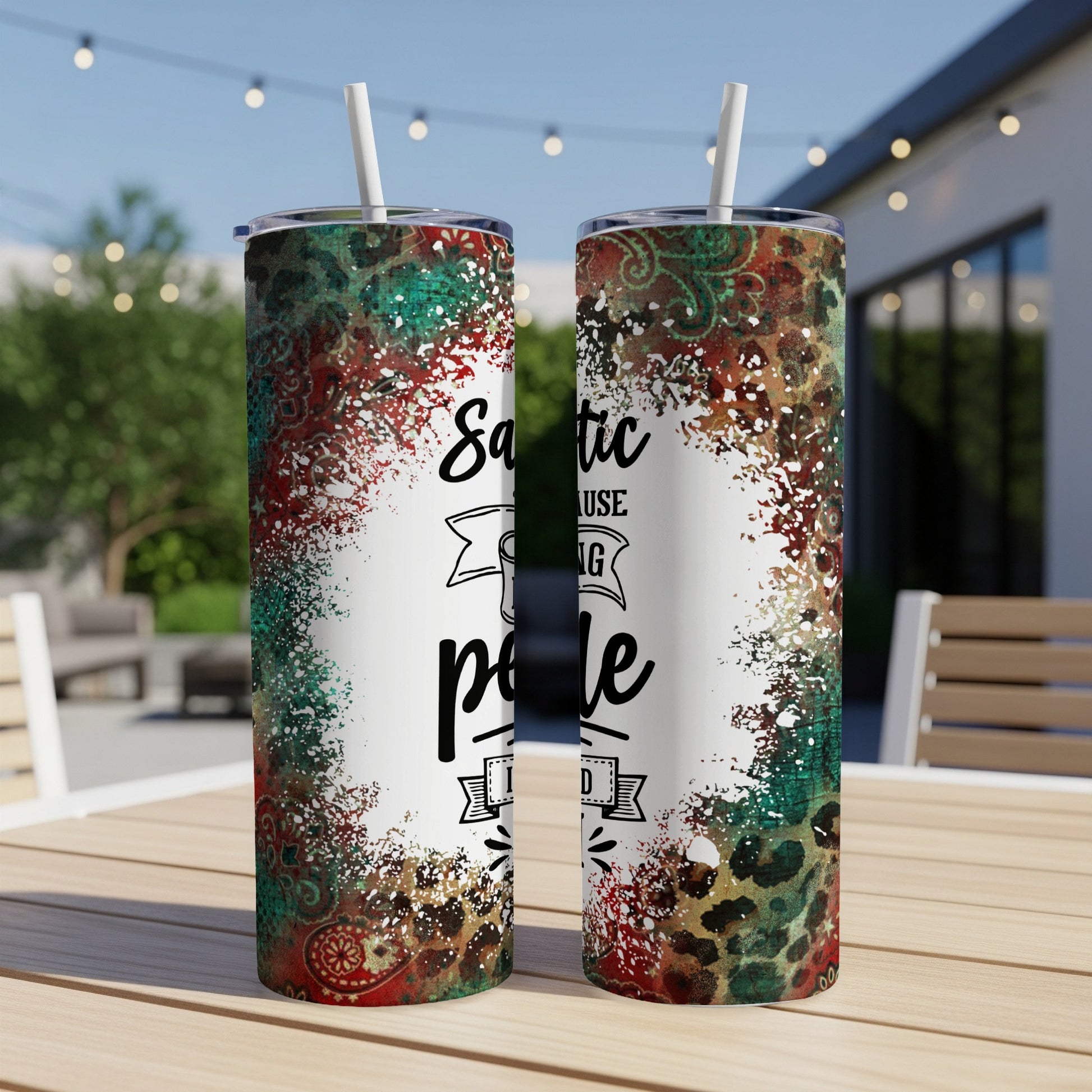 Two tumblers with a distressed pattern and text reading "Sarcastic because killing people is frowned upon".