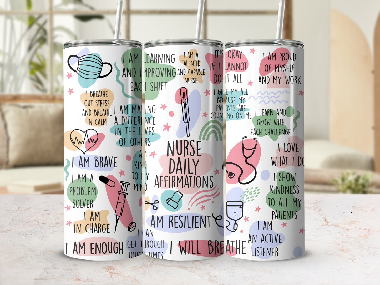 Nurse daily affirmations mug with motivational quotes and medical icons.