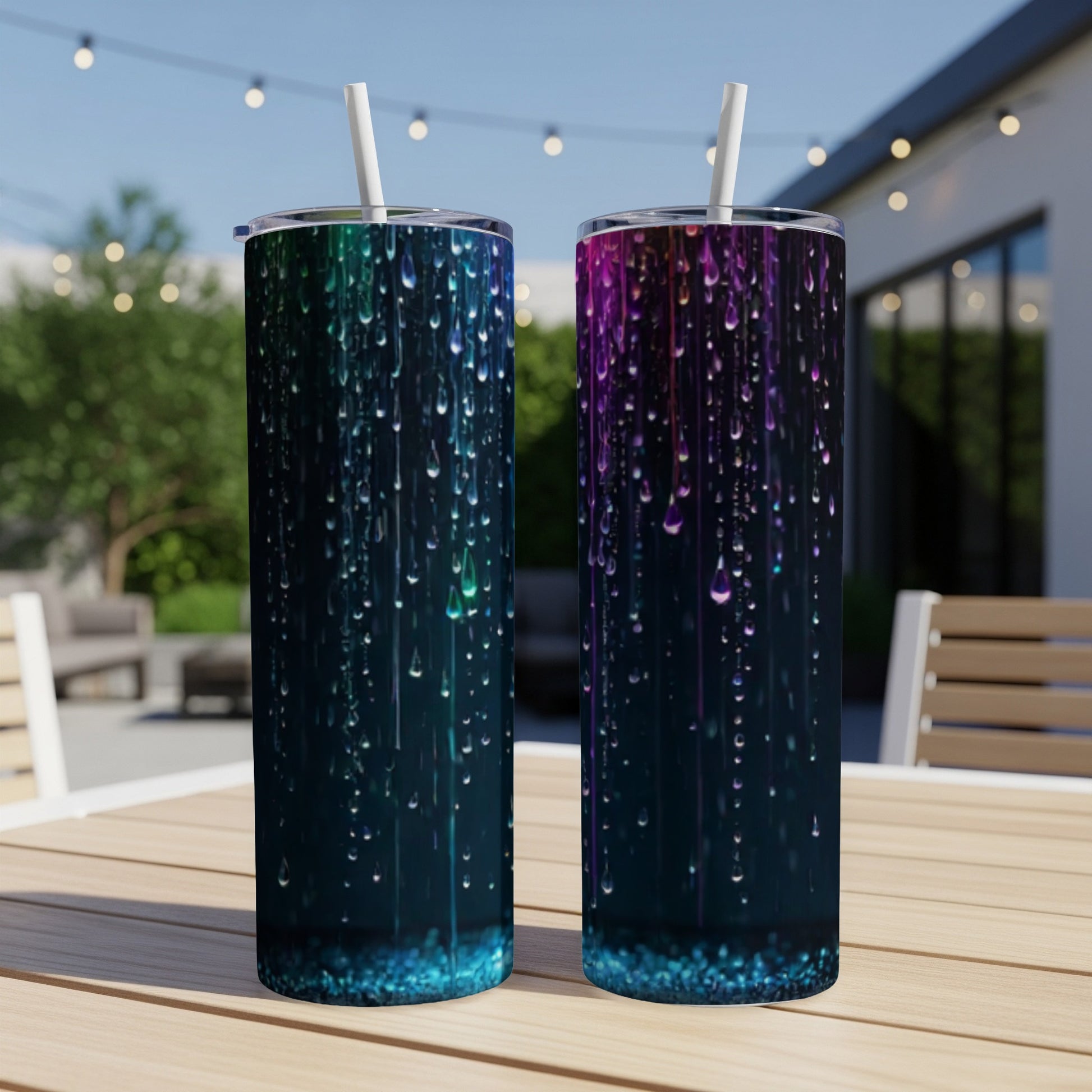Two tall tumblers with colorful dripping designs, on a patio table.