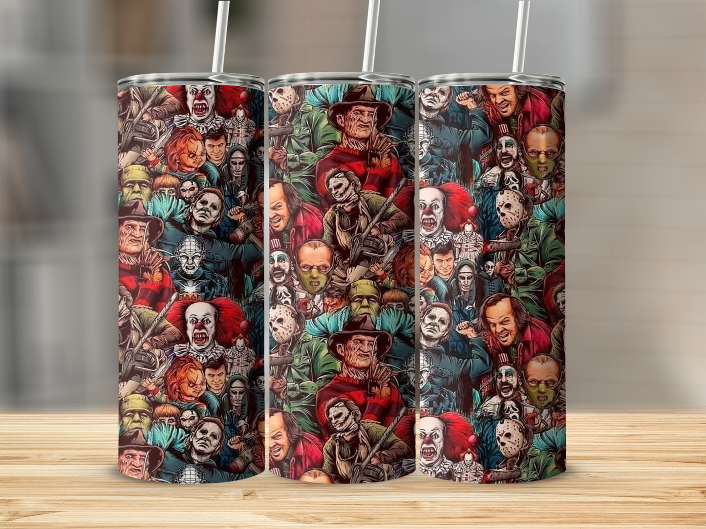 Tumblers with a collage of horror movie characters, including Pennywise, Freddy Krueger, and Michael Myers.