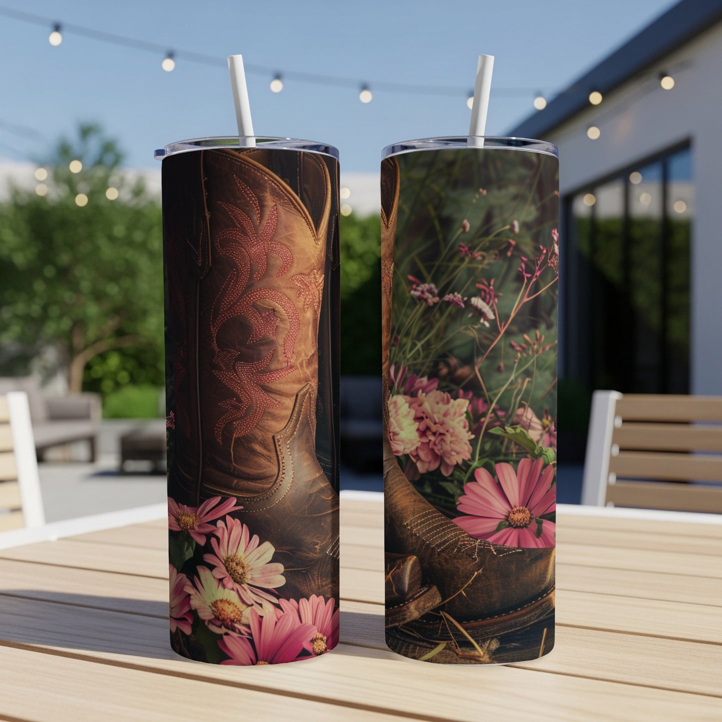 Brown leather cowboy boot with floral accents on a rustic tumbler.