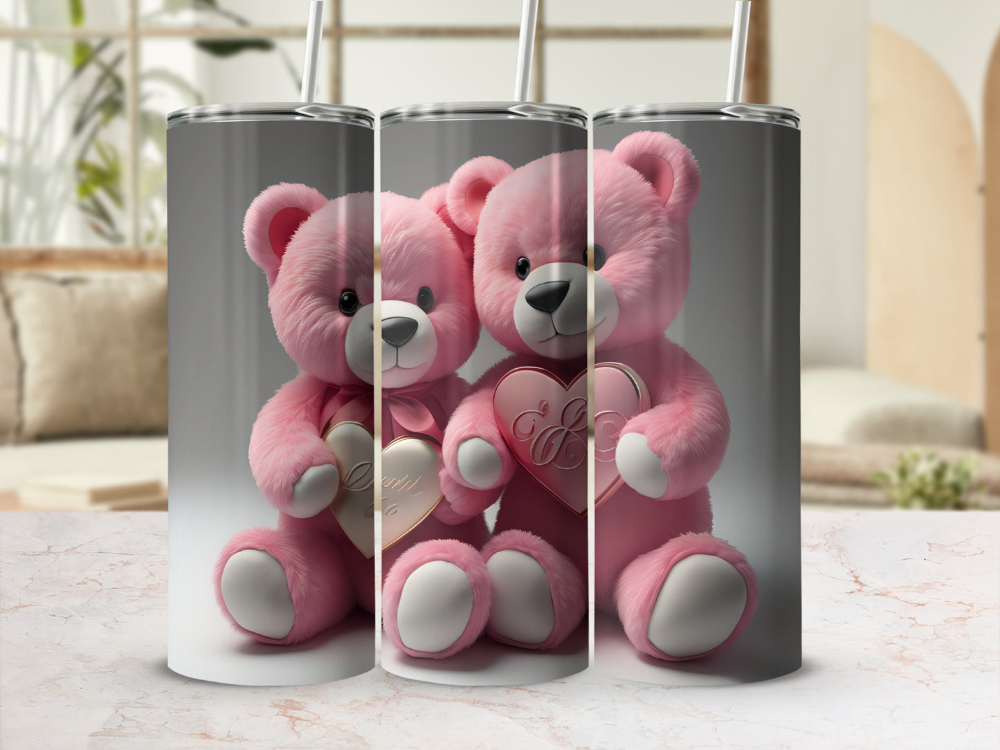 Cute Pink Teddy Bear Holding Heart Customizable Tumbler