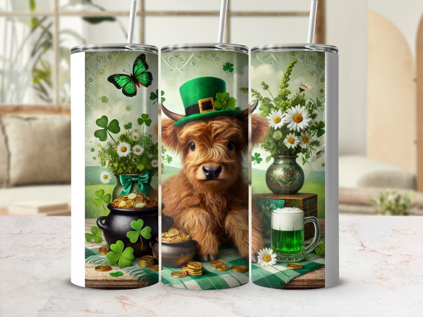 Highland cow wearing a green hat with clover, gold coins, and beer.