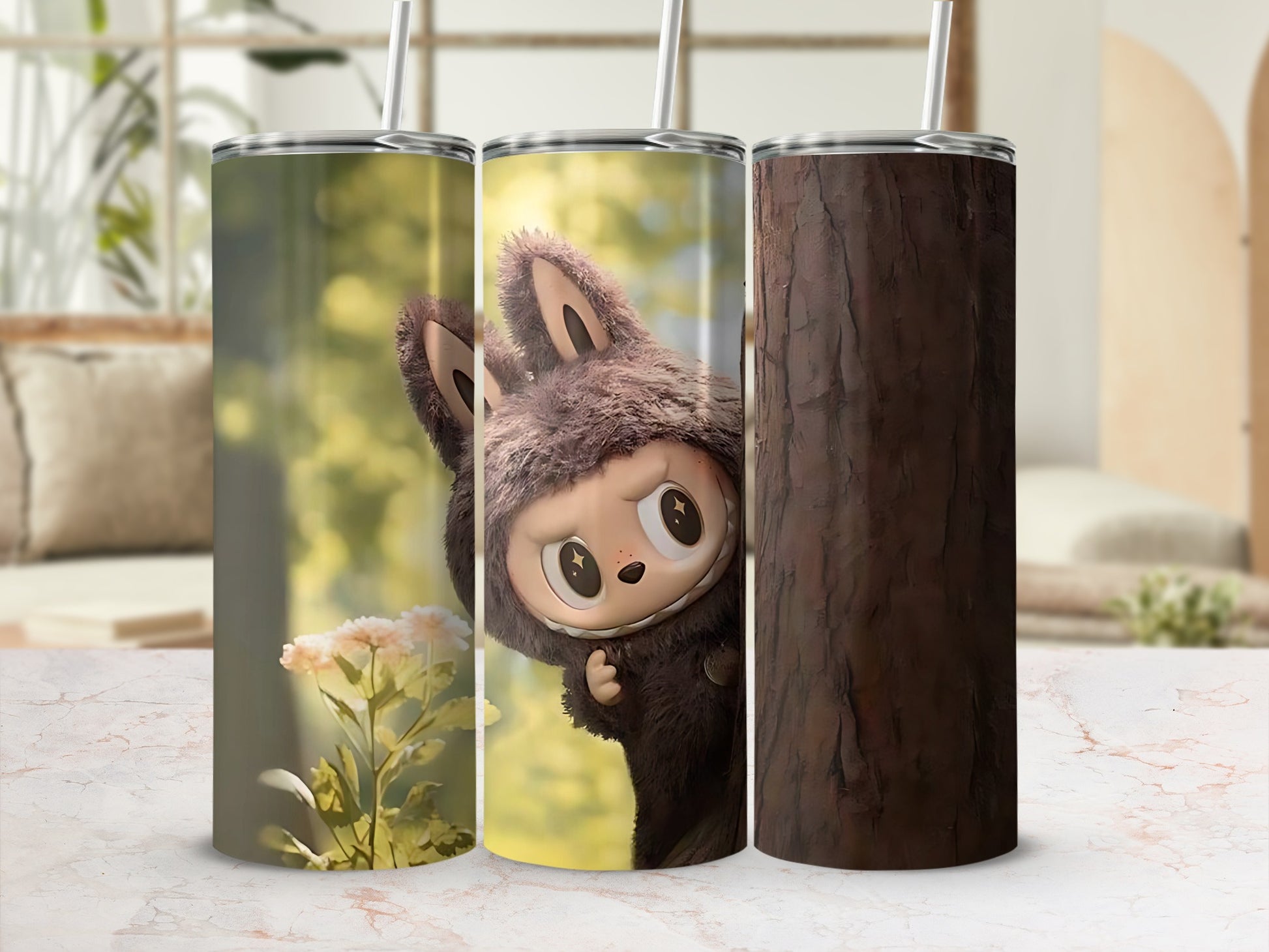 Adorable Character Peeking from Forest-themed Drink Tumbler