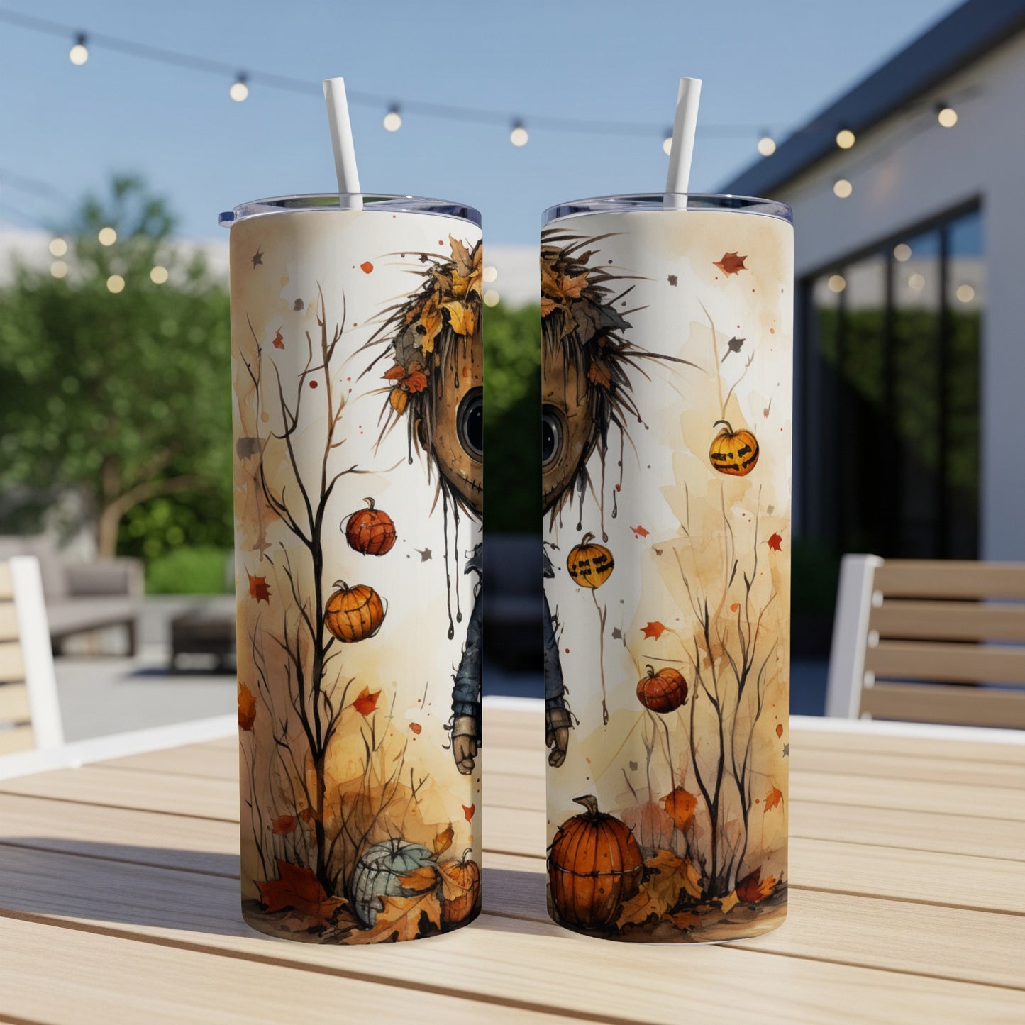 Two tumblers featuring a watercolor scarecrow, pumpkins, and autumn leaves on a table.