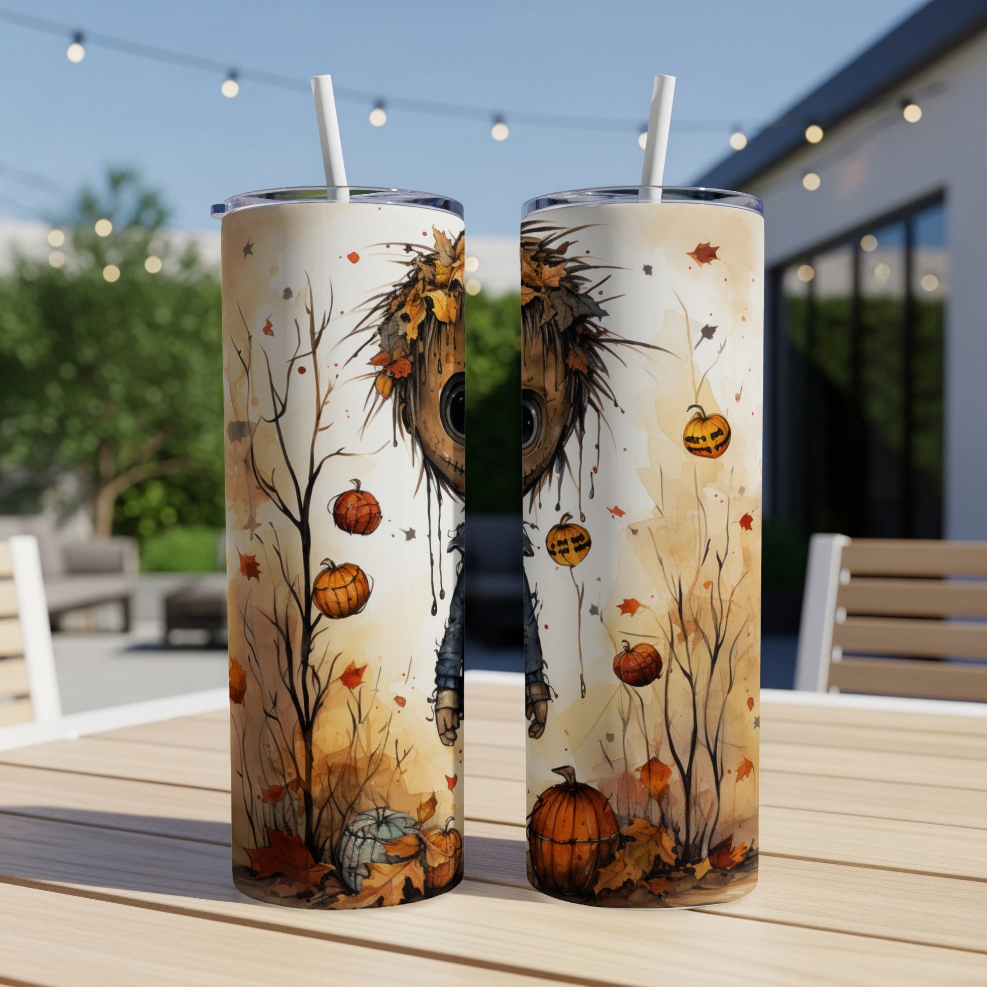 Two tumblers featuring a watercolor scarecrow, pumpkins, and autumn leaves on a table.