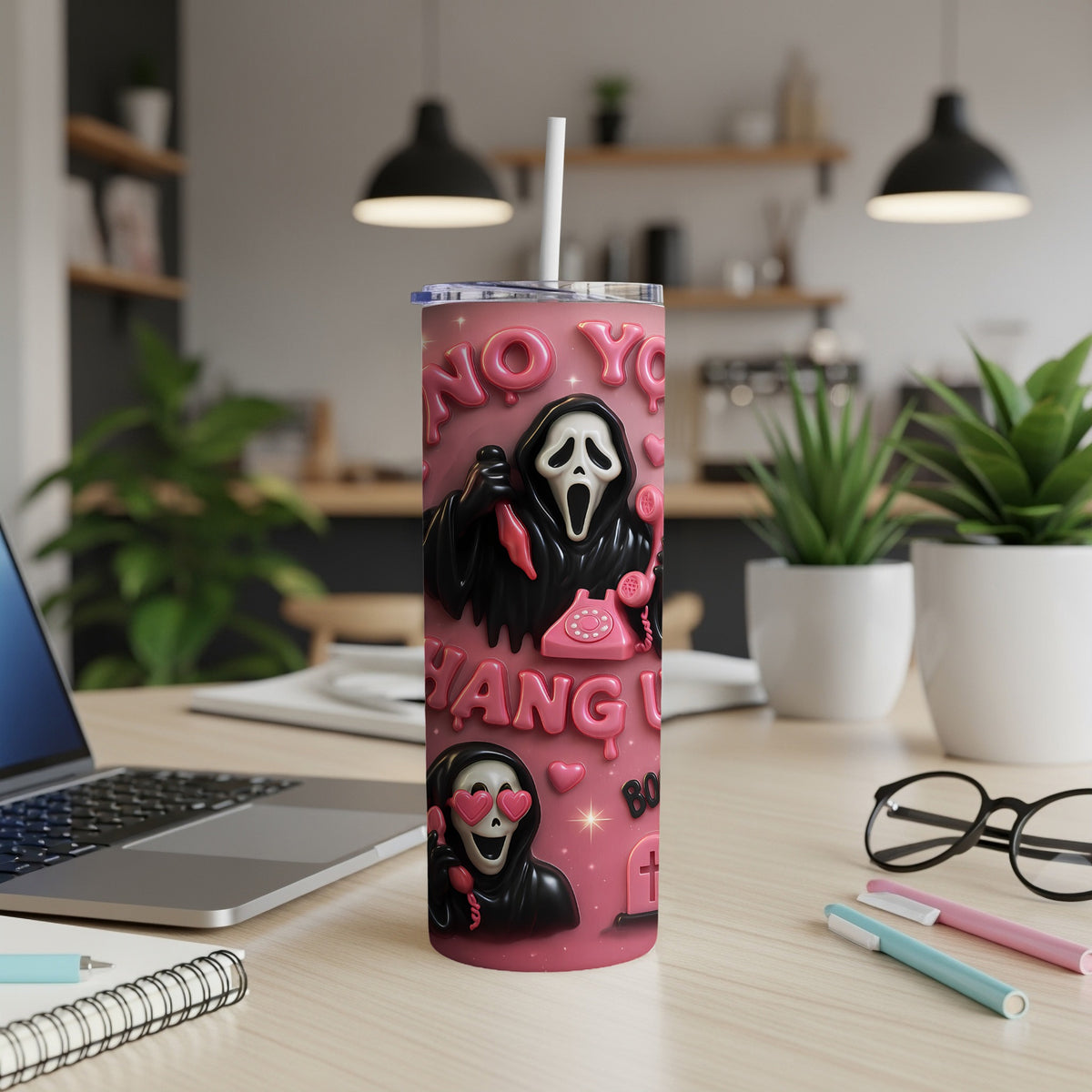 Pink tumbler with Ghostface and text "NO YOU HANGLU".
