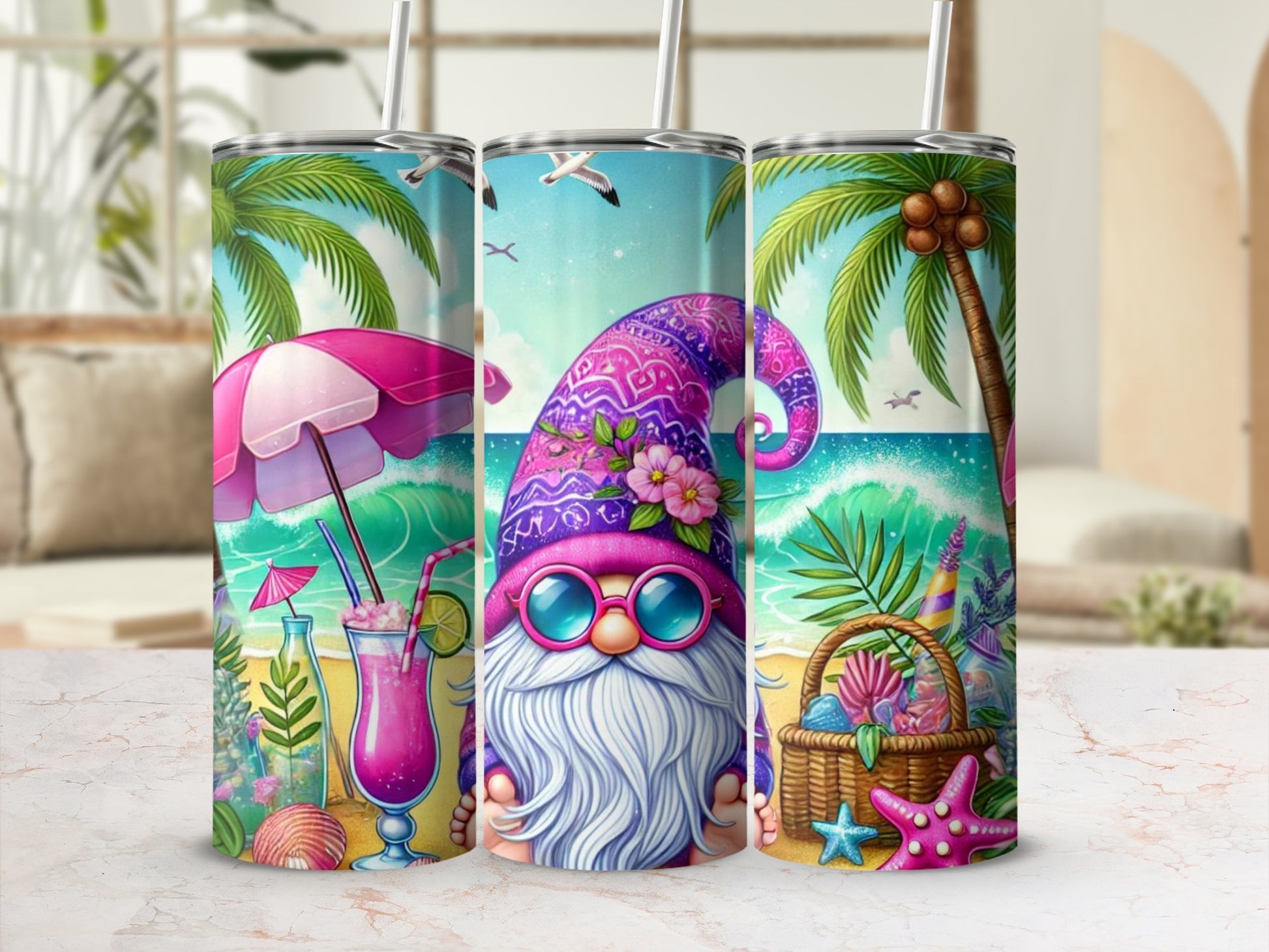Gnome in pink hat with sunglasses, holding a tropical drink, on a beach.