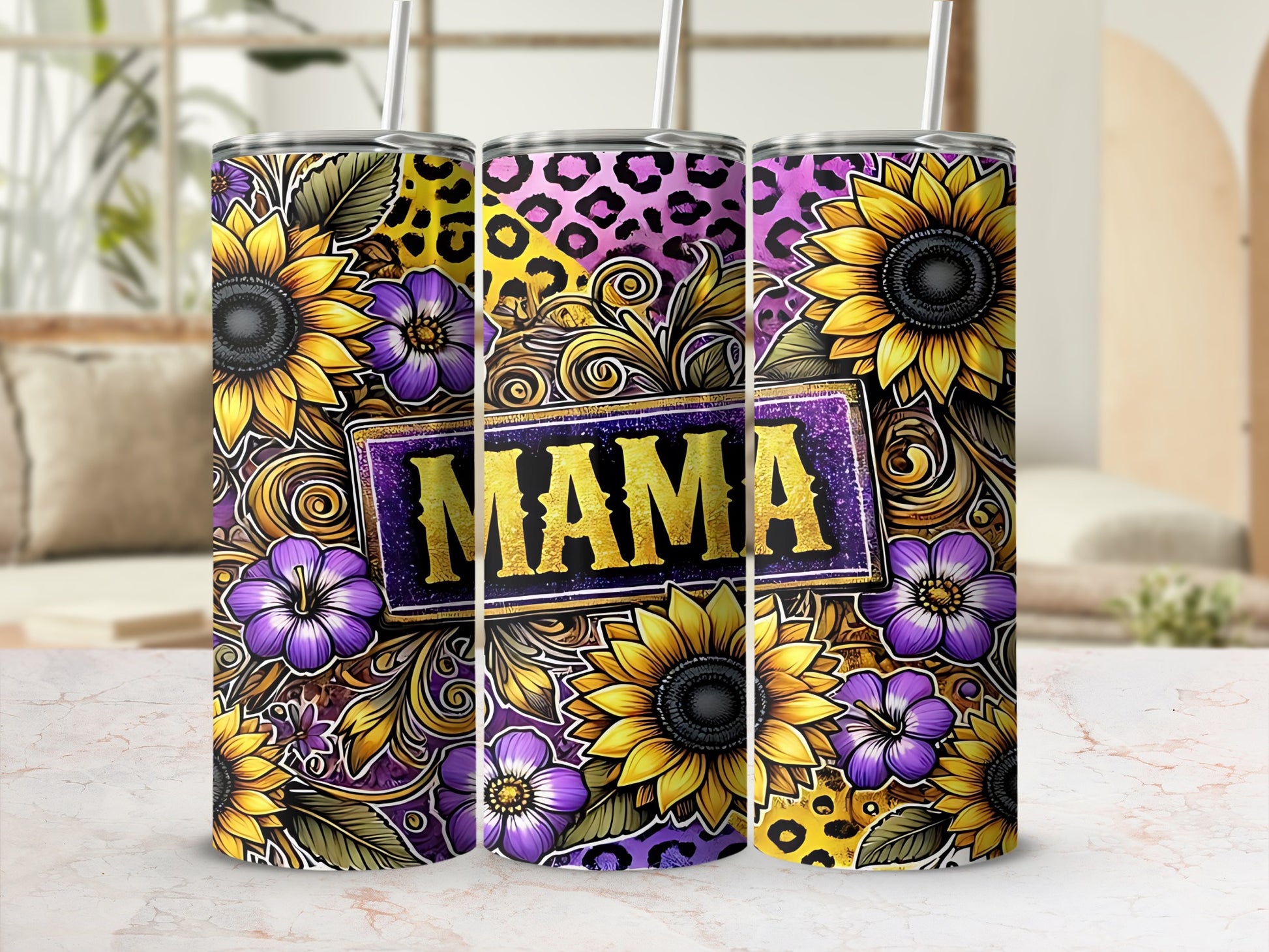 Vibrant Floral Mama Design Tumbler with Straw