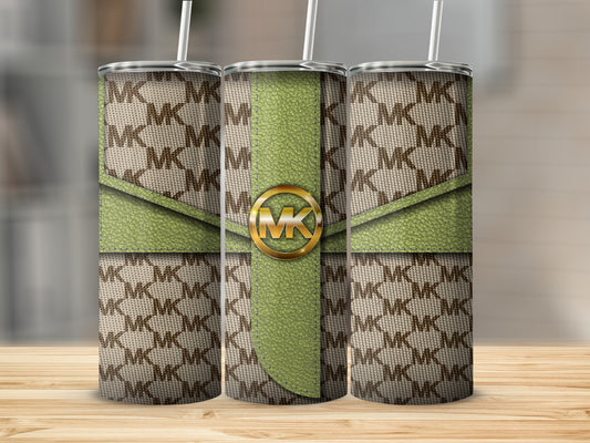 Stylish MK Monogram Green and Beige Tumbler with Straw