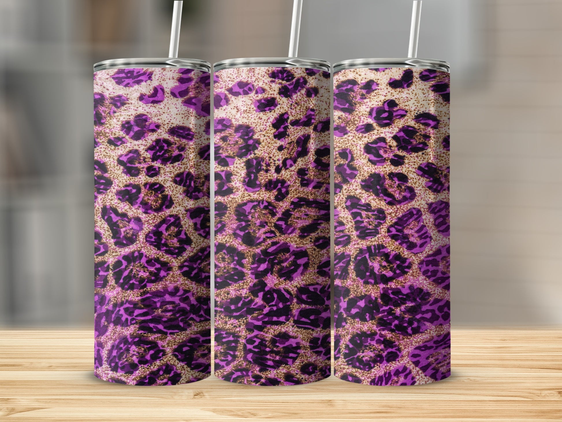 Purple Leopard Print Skinny Tumbler With Straw