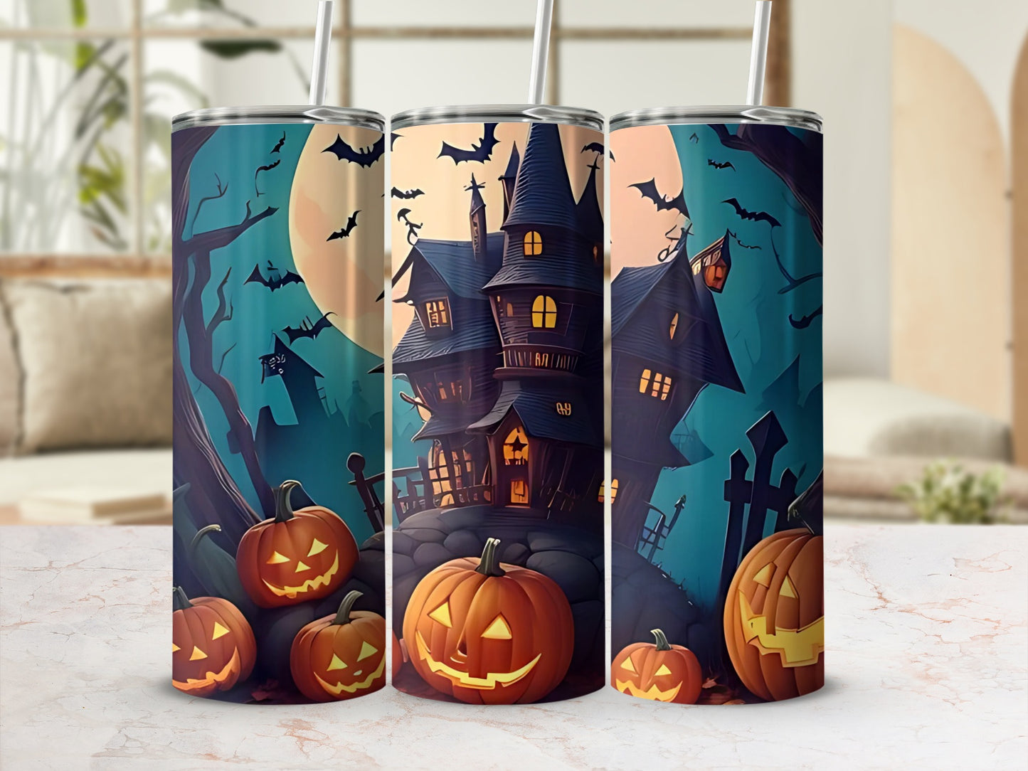 Haunted House and Pumpkins Halloween Tumblers Set