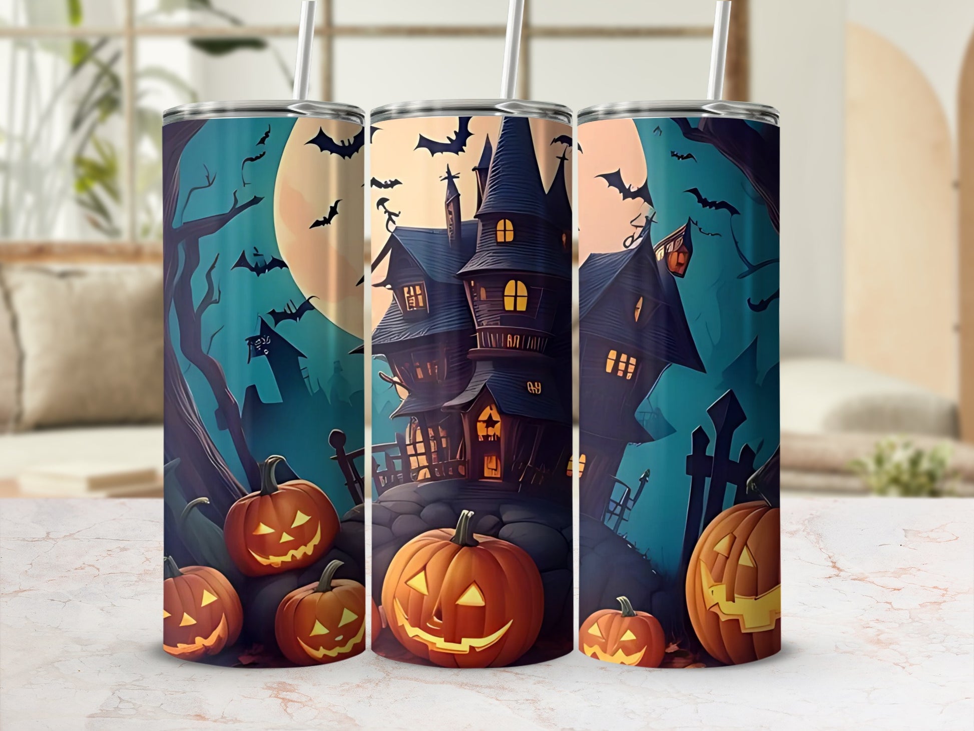 Haunted House and Pumpkins Halloween Tumblers Set