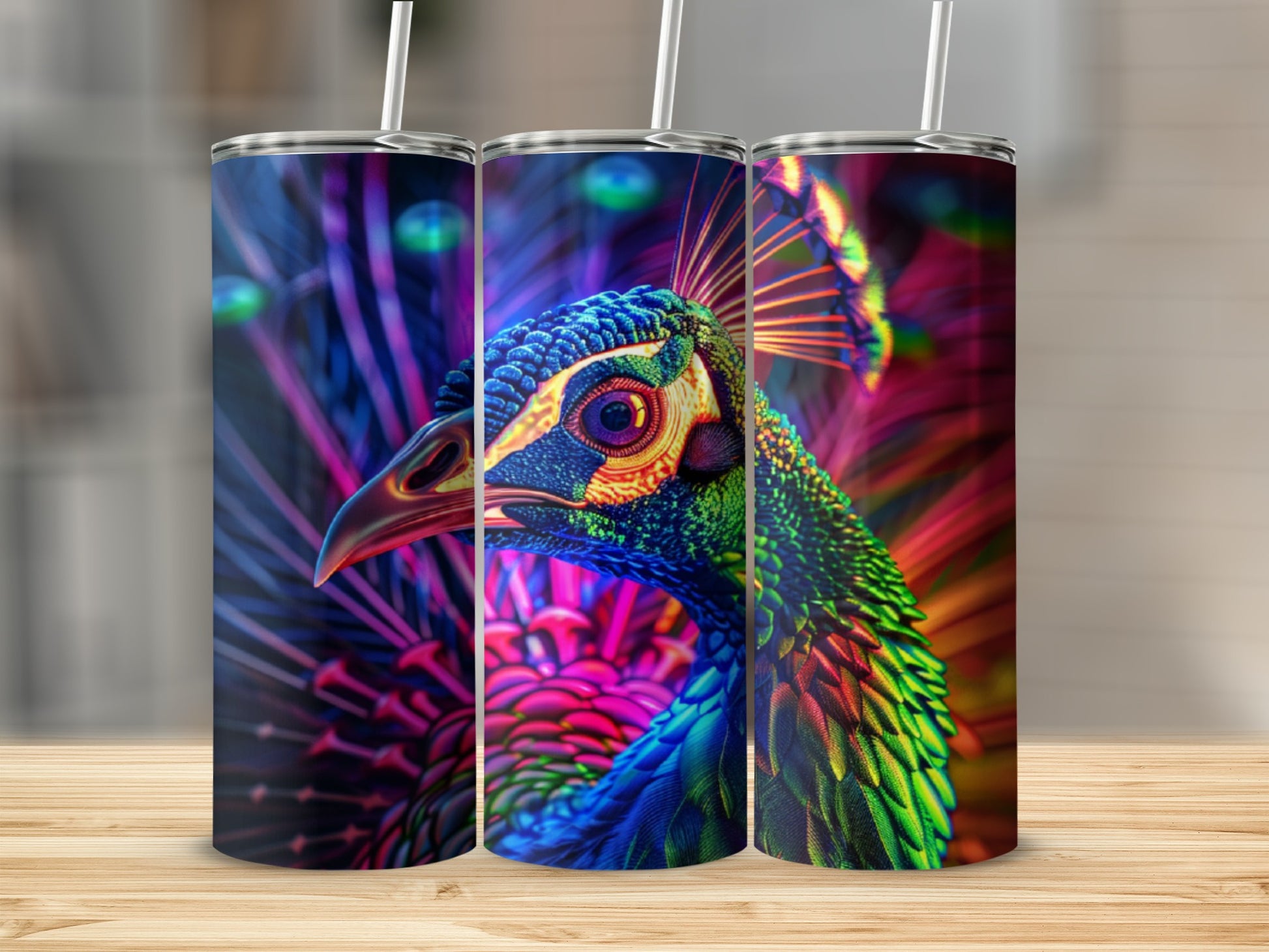 Colorful peacock portrait on three seamless tumbler wraps.