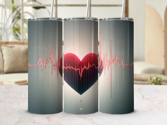 Heartbeat graphic on three tumblers with straws.