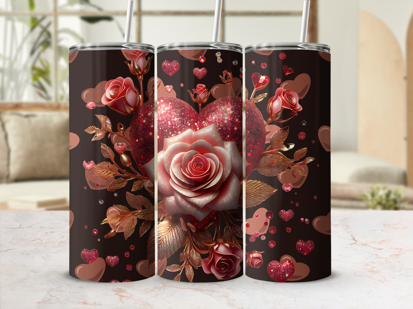Elegant Floral Hearts and Roses Design for Tumblers