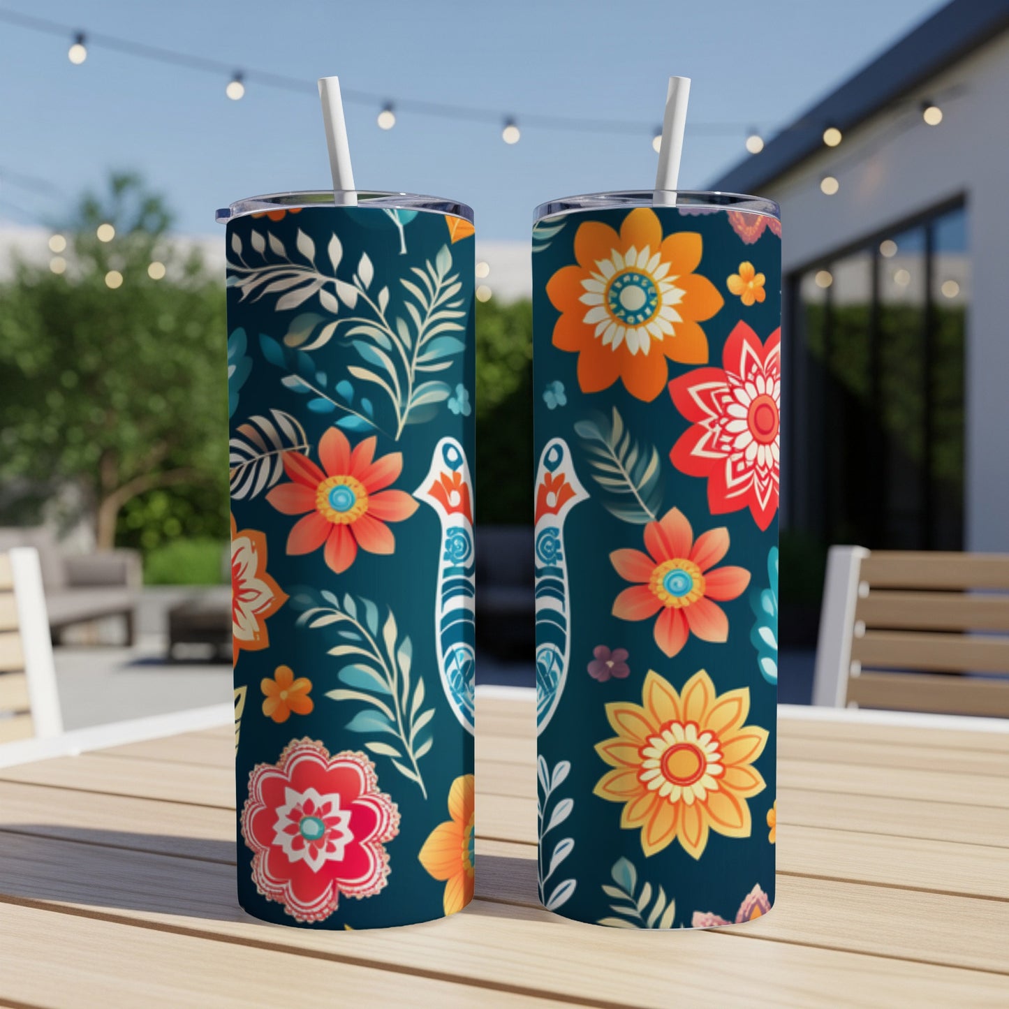 Two tumblers with a dark blue background and a colorful floral and bird pattern.