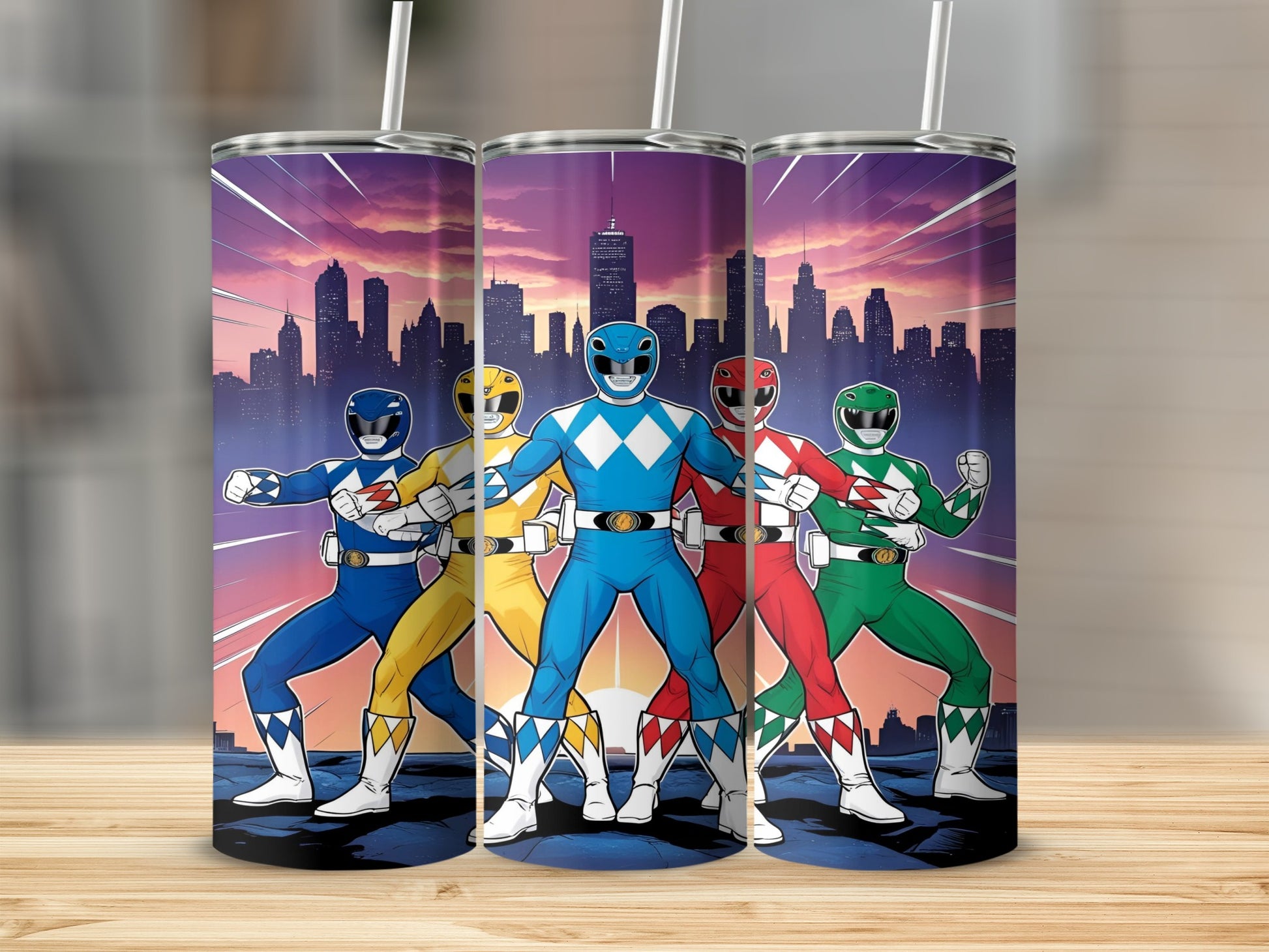 Five Power Rangers stand in front of a city skyline.