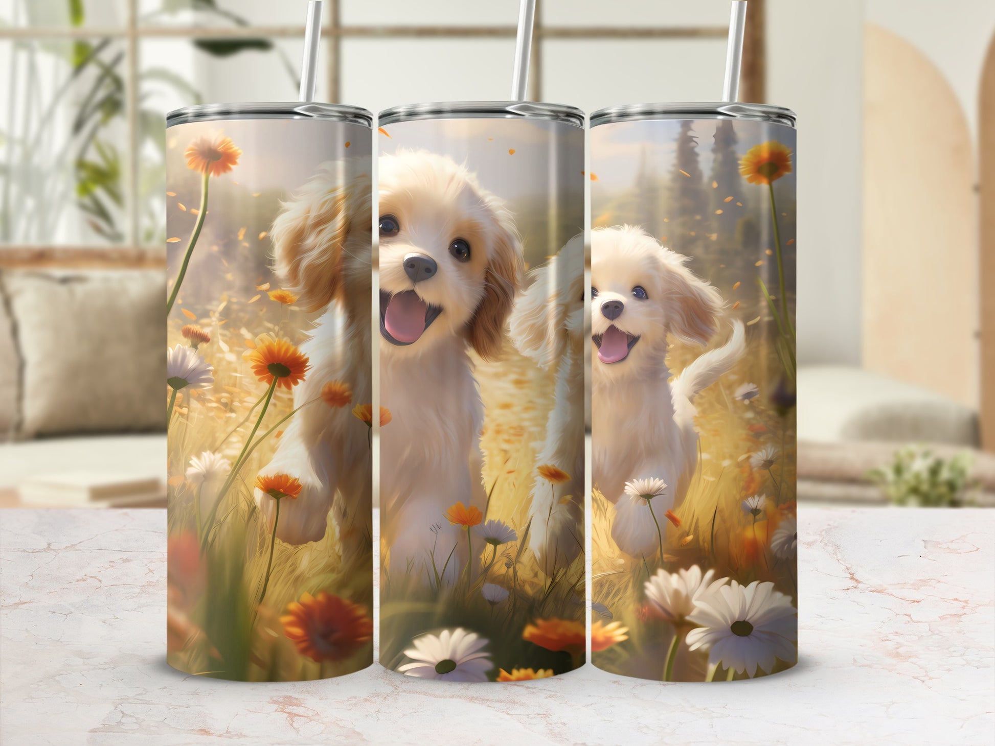Golden Puppies Sunny Flower Meadow Joyful Playful Dogs product type
Puppy
Dogs
Golden Retriever
Flower
Floral
Meadow
Field
Spring
Summer
Cute
Happy
Joyful
Playful
Pet
Animal
Nature
Sunshine
Tumbler
Drinkware
Gift