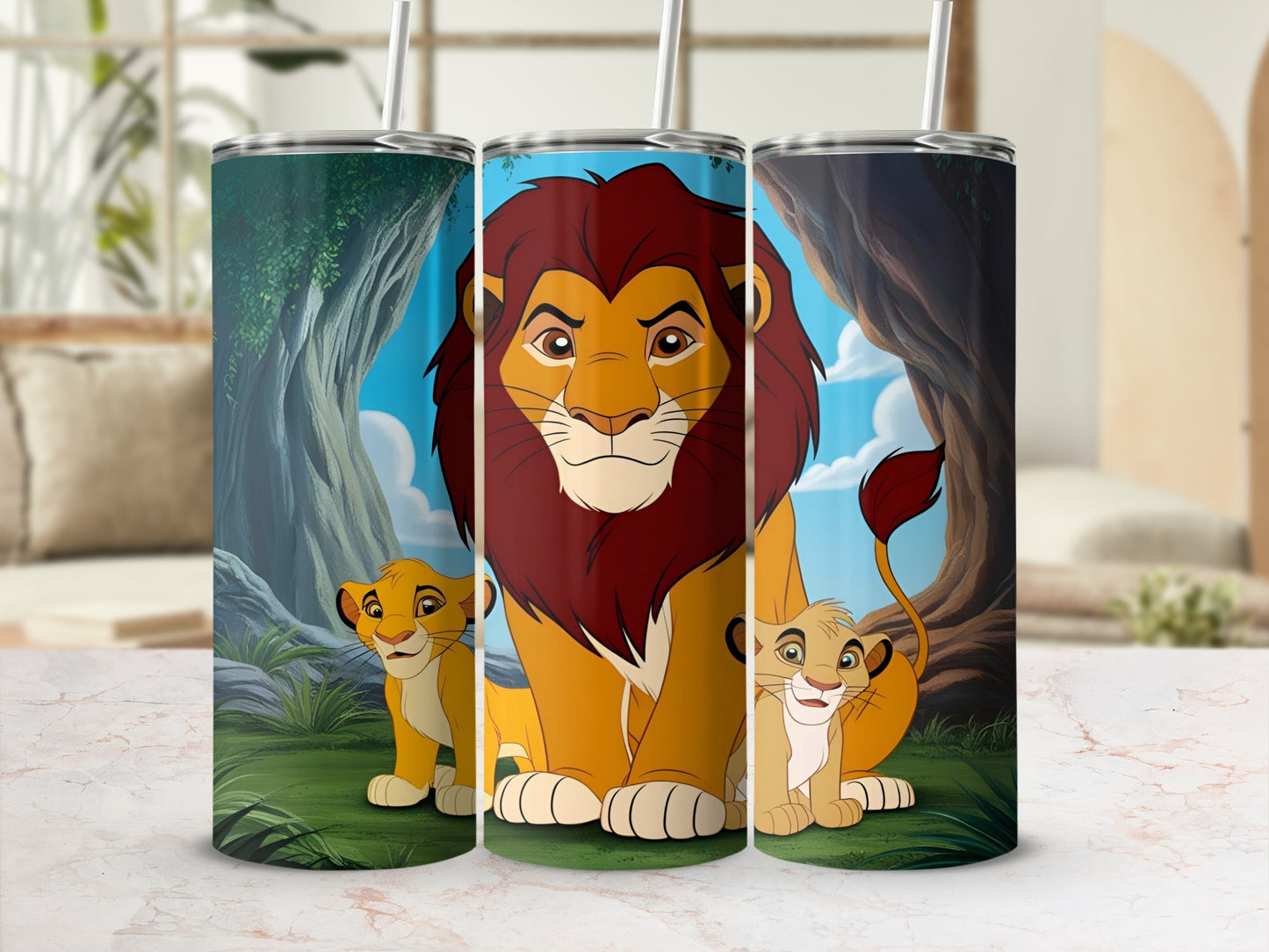 The Lion King characters Simba and Mufasa on a forest background.