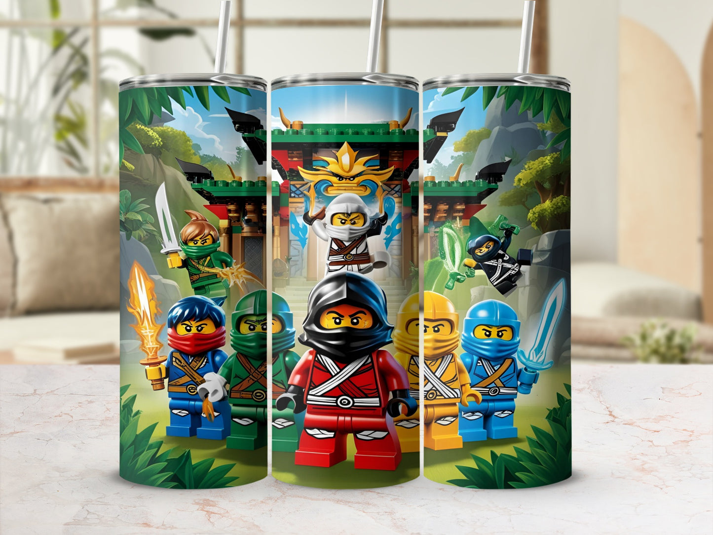 Ninjago characters in front of a temple with a mountainous landscape.
