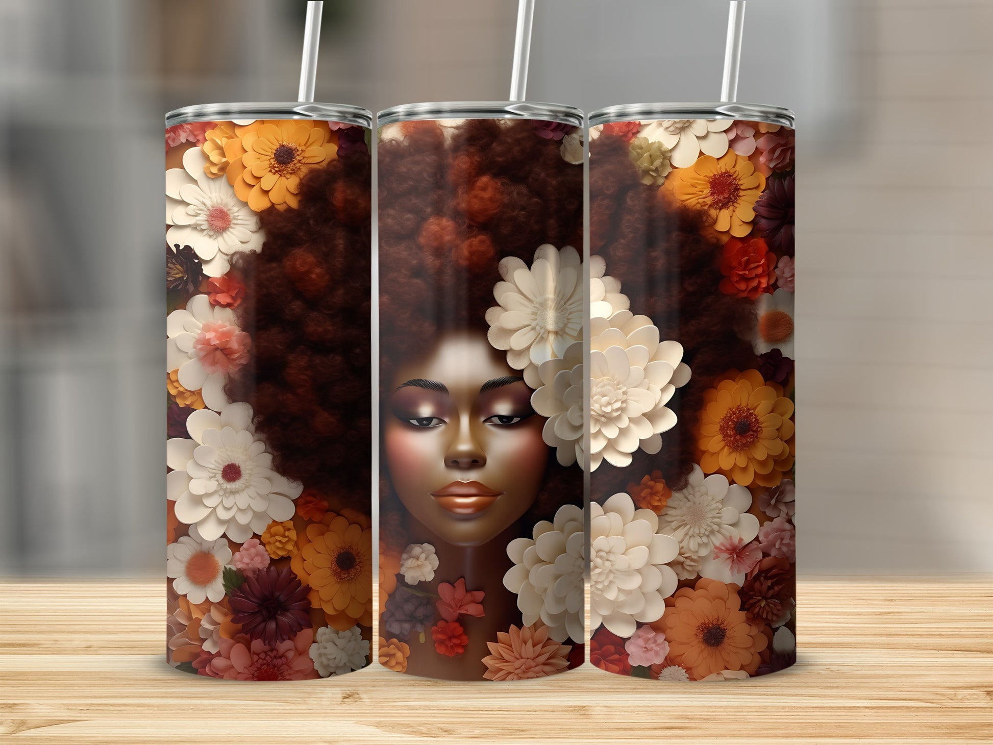 Woman with floral afro on three tumblers.