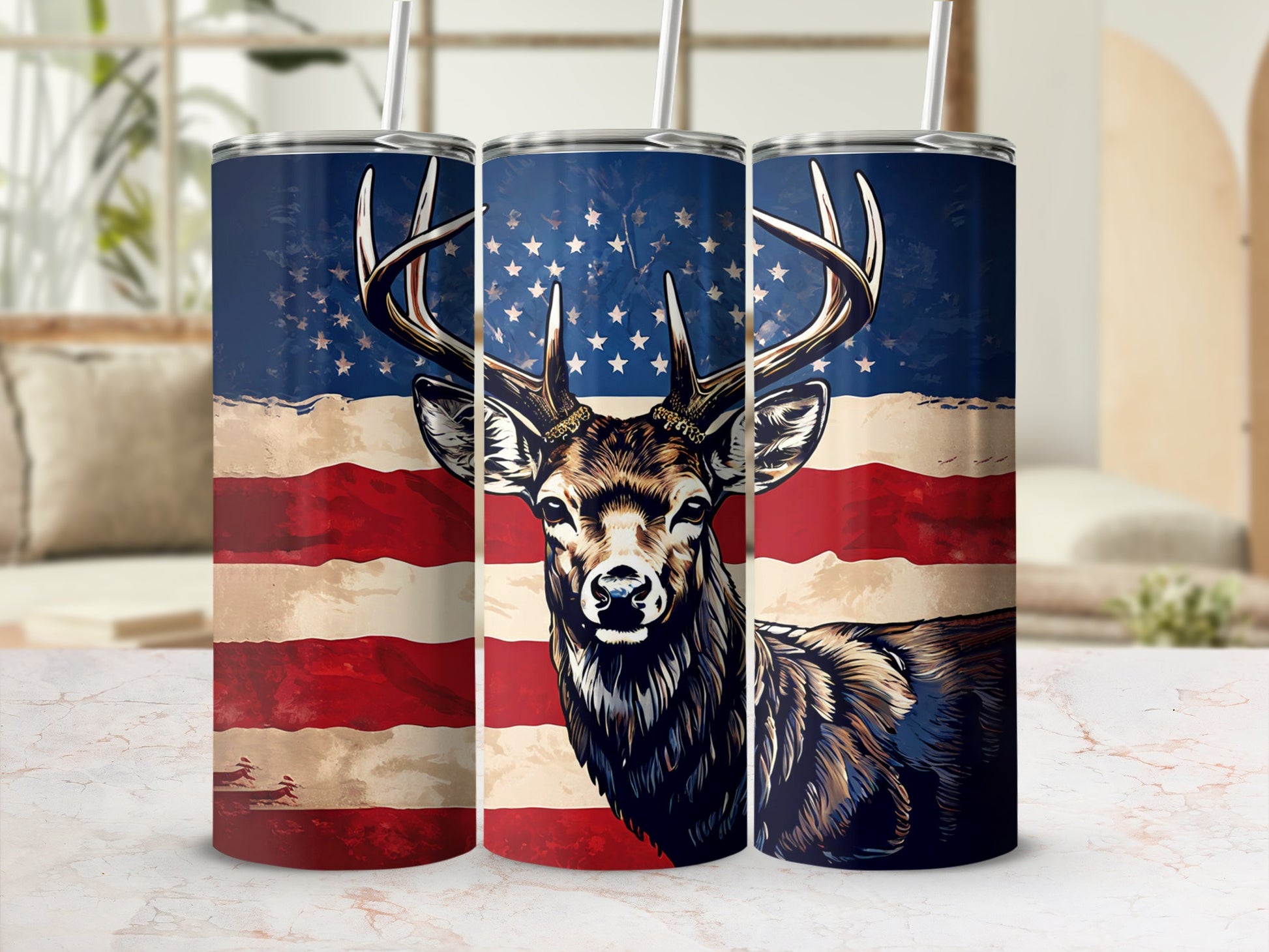 Deer with antlers against a distressed American flag.