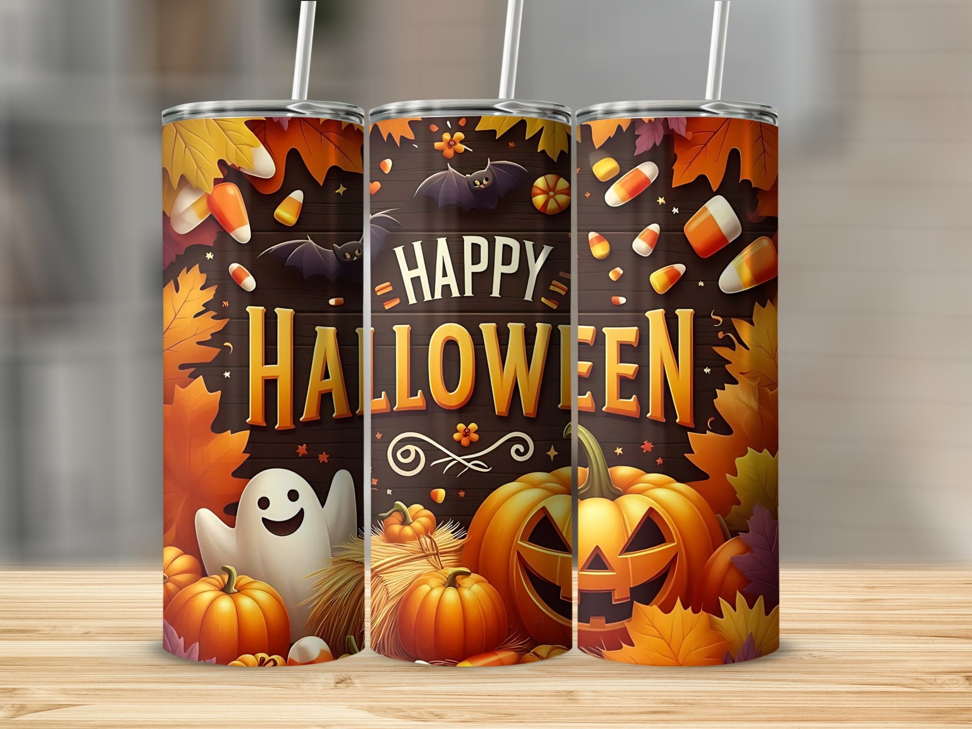 Halloween tumbler with pumpkins, ghost, bats, candy corn, and autumn leaves.