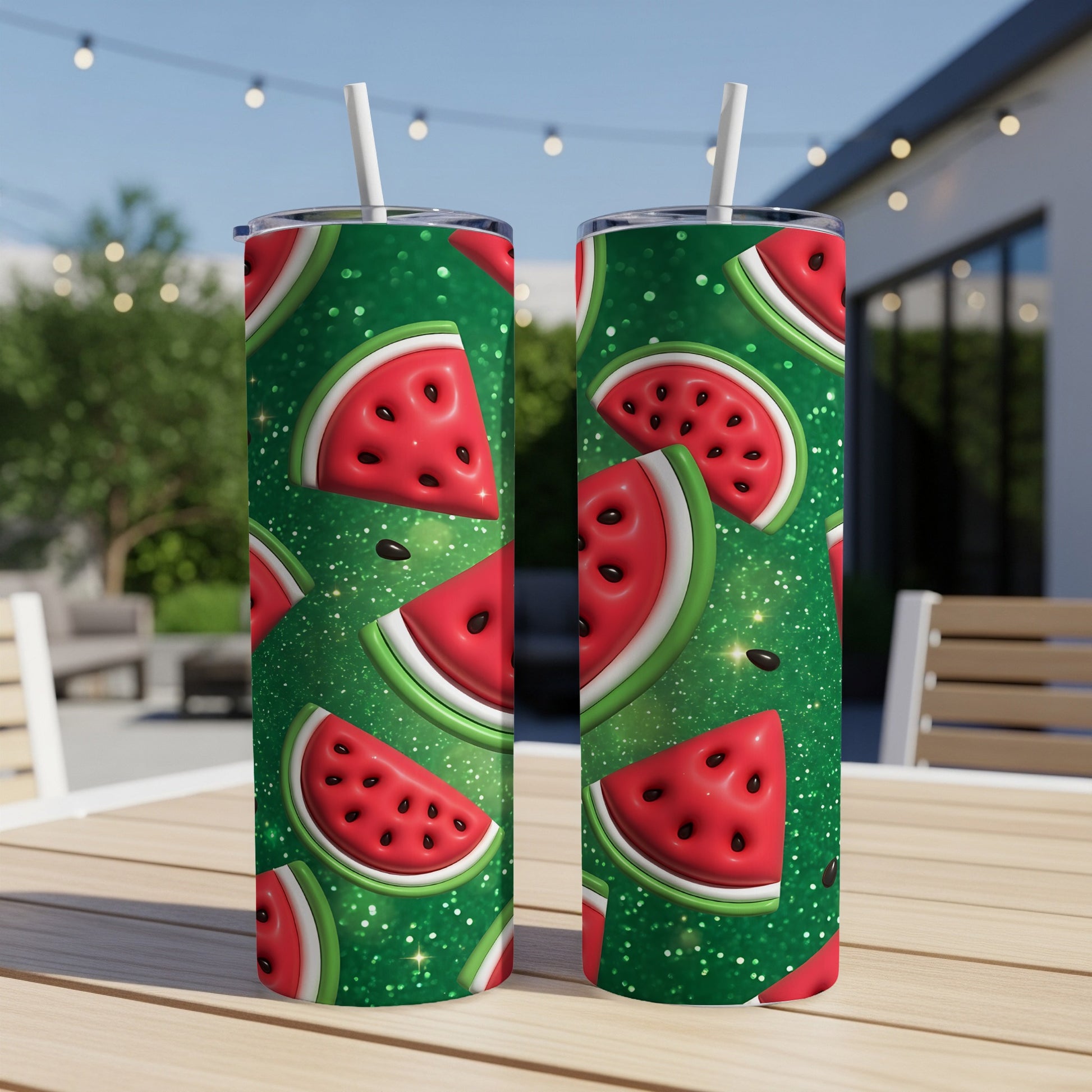 Two tumblers with a repeating pattern of sliced watermelons and glitter.