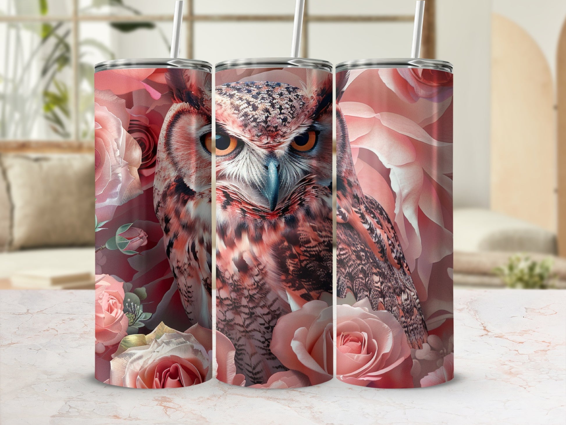 Owl and roses tumbler design with marble background.