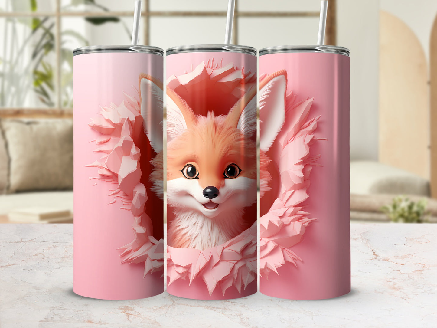 Cute Cartoon Fox Design Pink Insulated Tumbler Cup