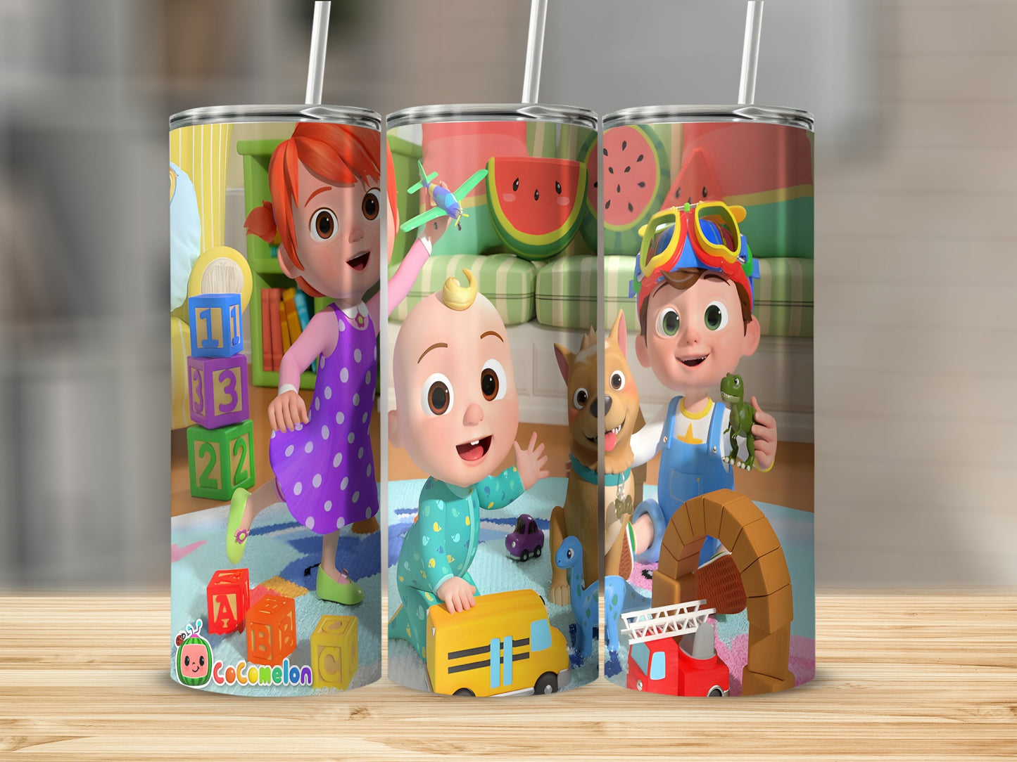 Cocomelon characters J.J., Nina, and Cody with toys and building blocks.
