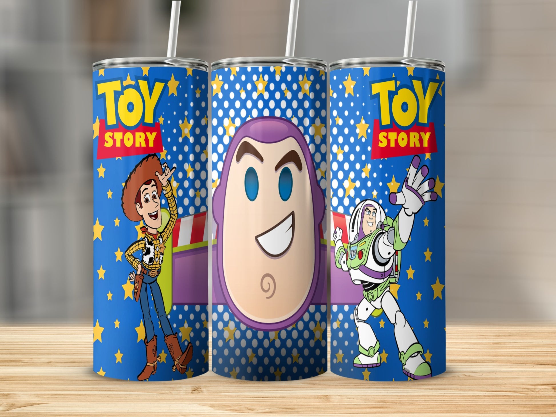 Toy Story tumbler featuring Woody and Buzz Lightyear on a blue starry background.