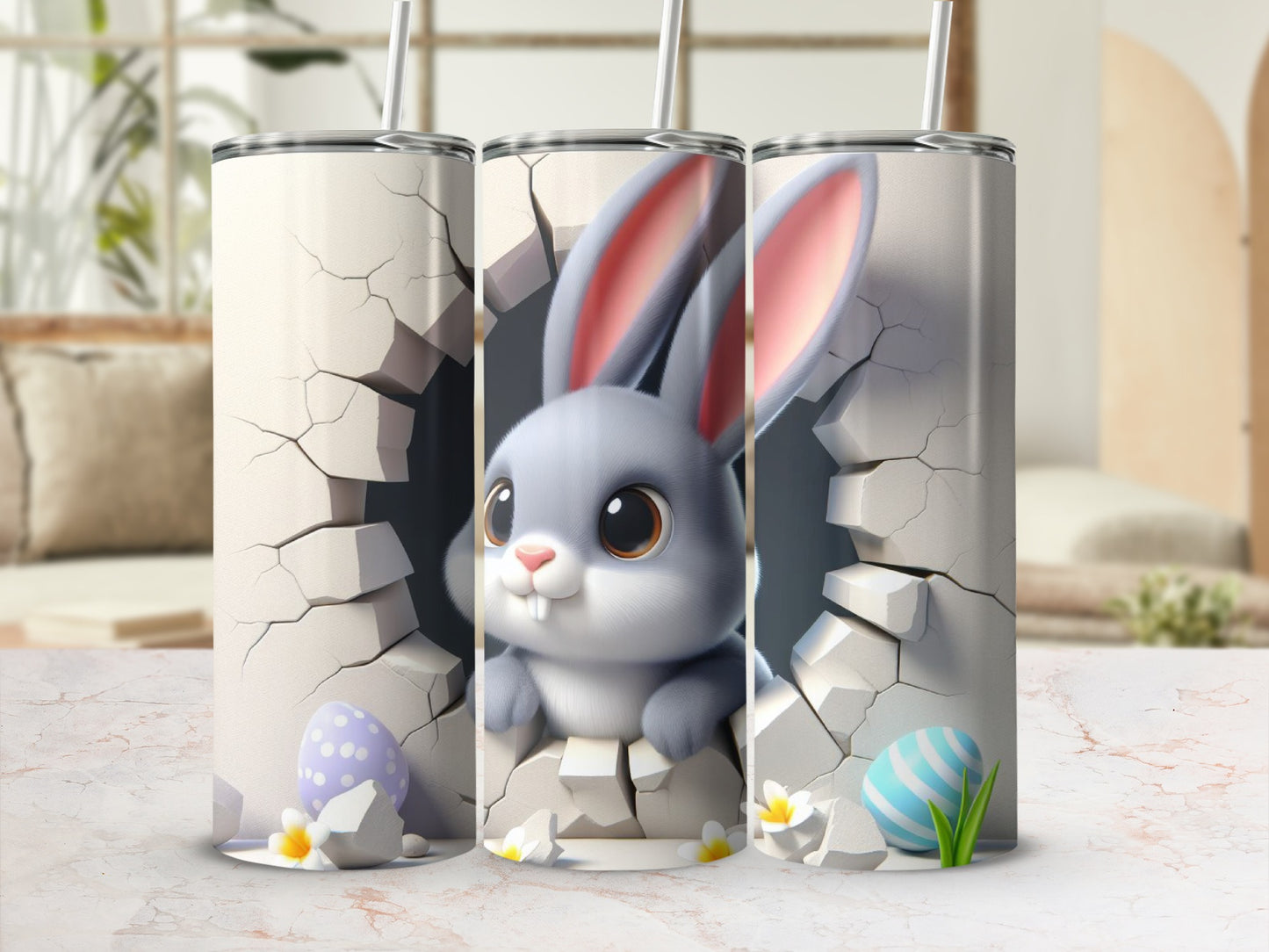 Cute gray bunny peeking through cracked wall with Easter eggs.