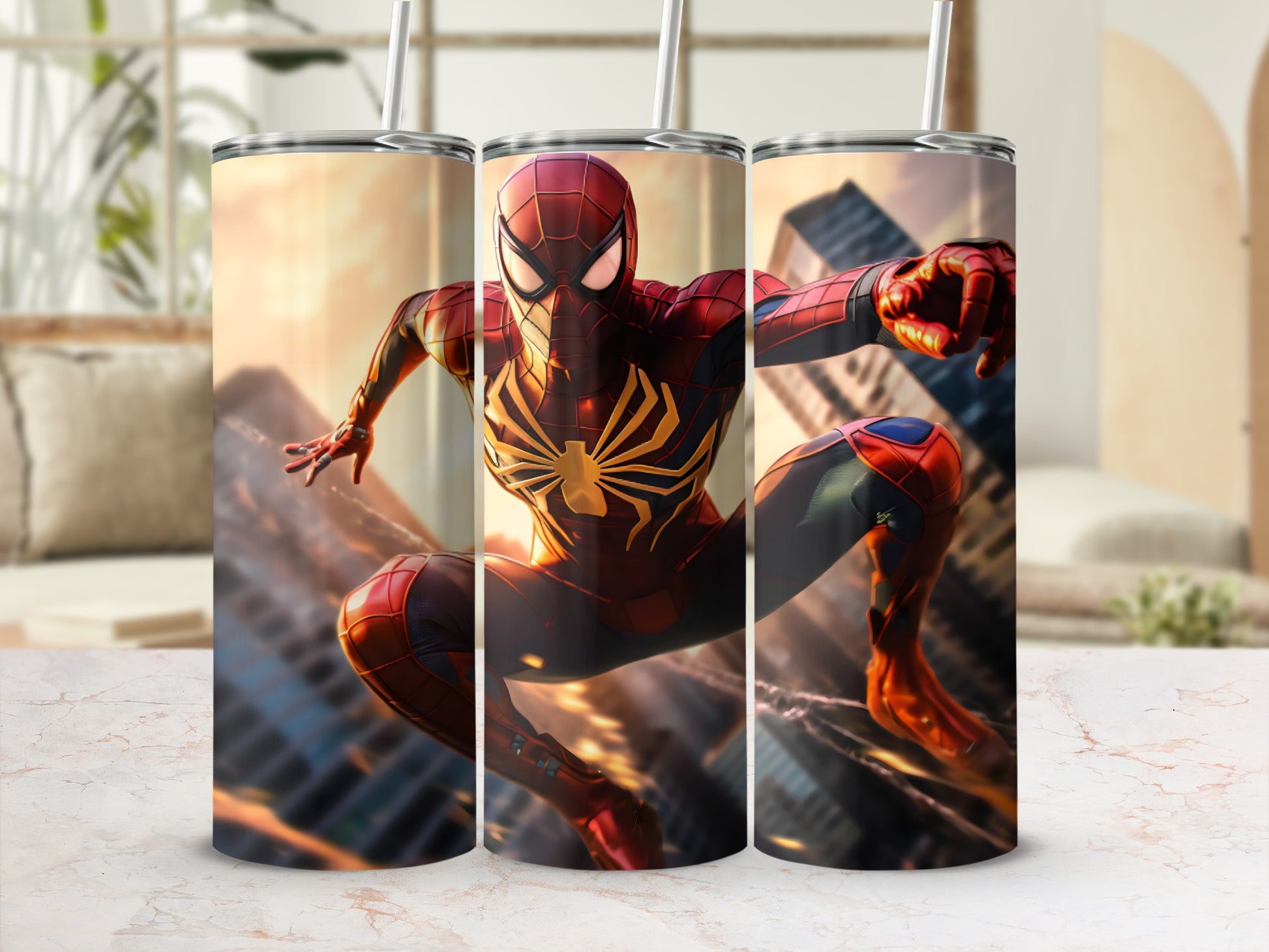 Spider Superhero Tumbler with Dynamic City Background