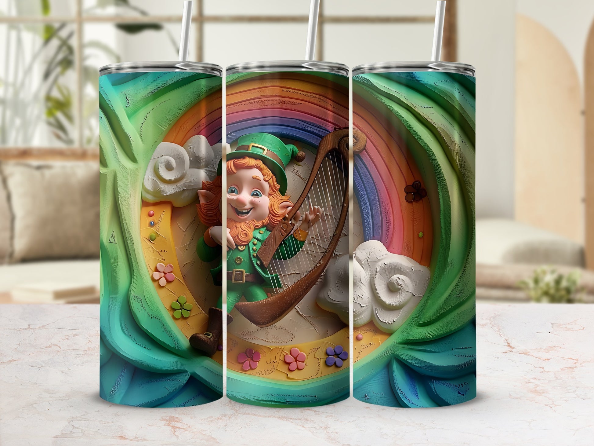 Leprechaun playing harp in a rainbow arch with clouds and flowers.