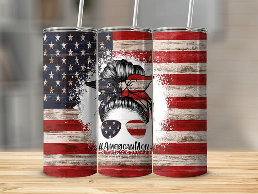 Three tumblers with a distressed American flag and messy bun mom graphic.