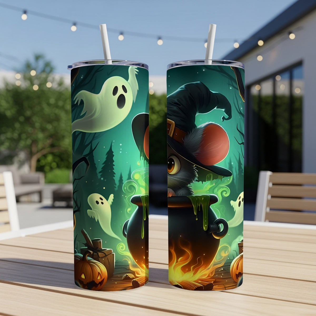 Two tumblers with a Halloween design featuring a witch's cat, ghosts, and a cauldron.