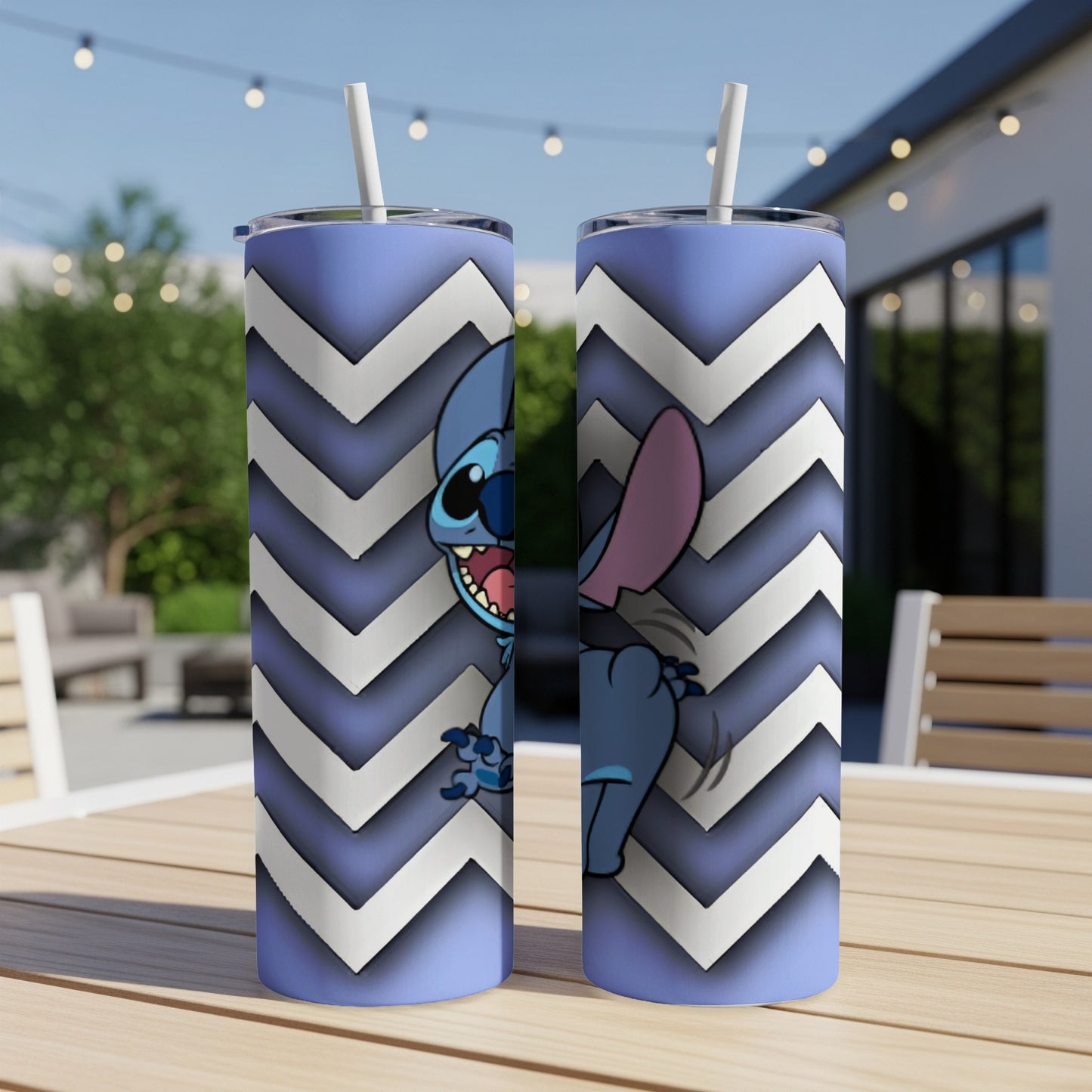 Two tall tumblers featuring Stitch on a chevron pattern.