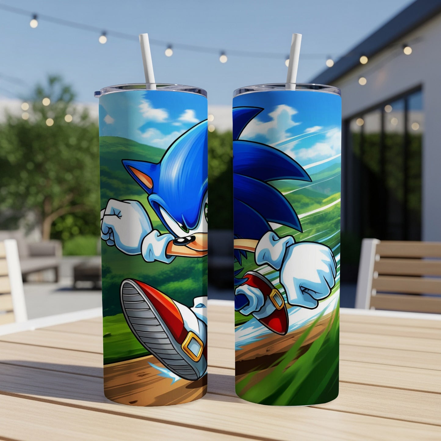 Sonic the Hedgehog running on a colorful background, digital art.