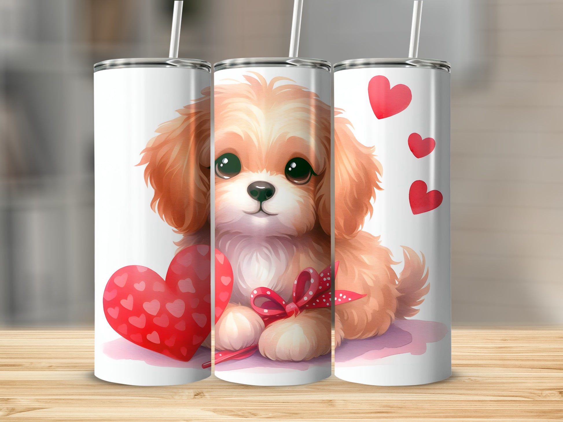 Fluffy puppy with red heart and bow, white background, on wood surface.