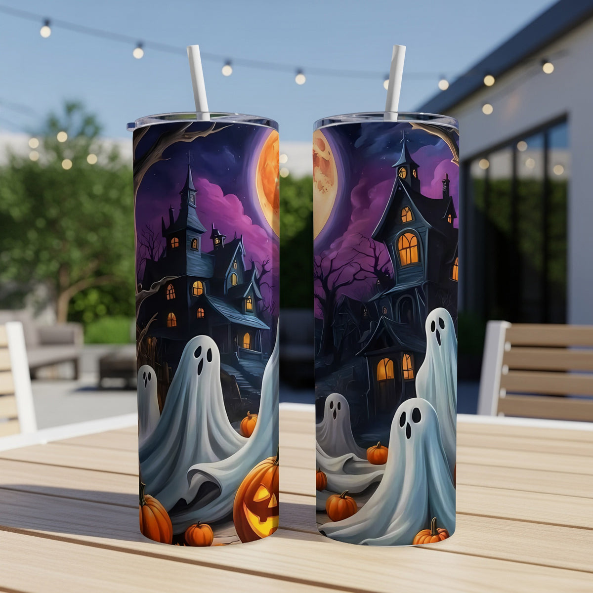 Halloween tumblers with ghosts, haunted houses, pumpkins, and a full moon.