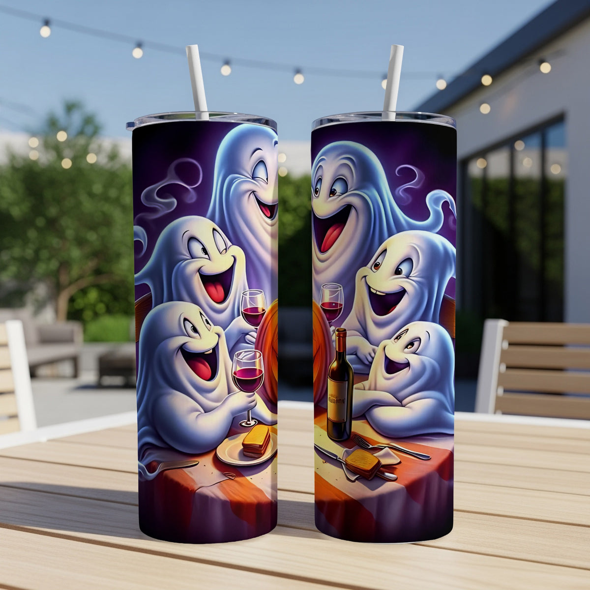 Two tumblers feature a spooky Halloween design with laughing ghosts and wine.