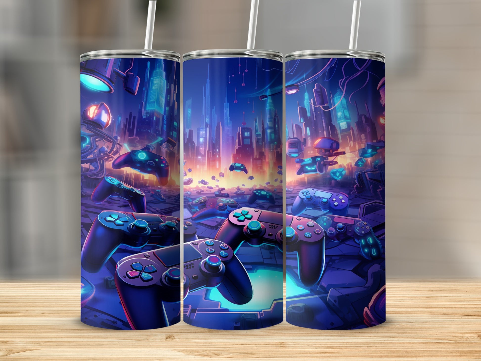 Three tumblers with a neon cityscape and gaming controller design.
