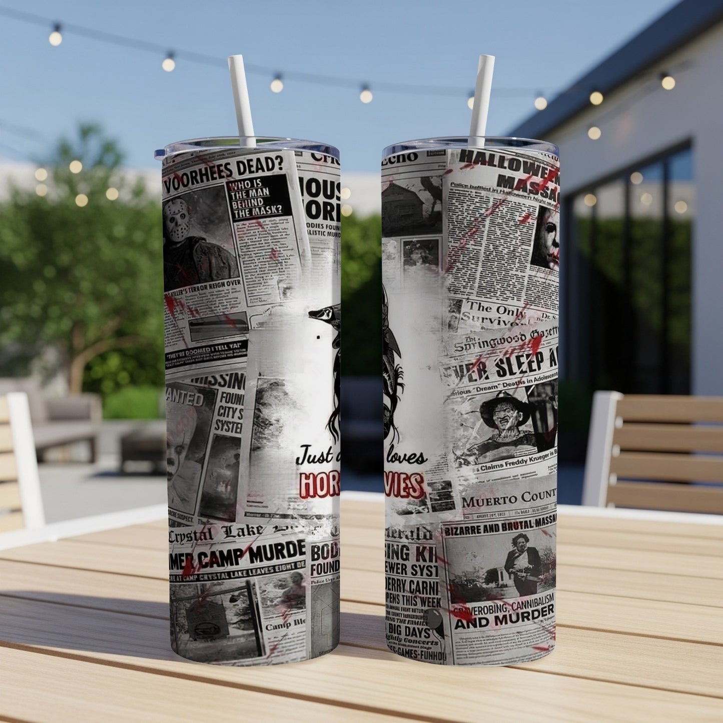 Two tumblers with horror movie newspaper headlines and collage art.